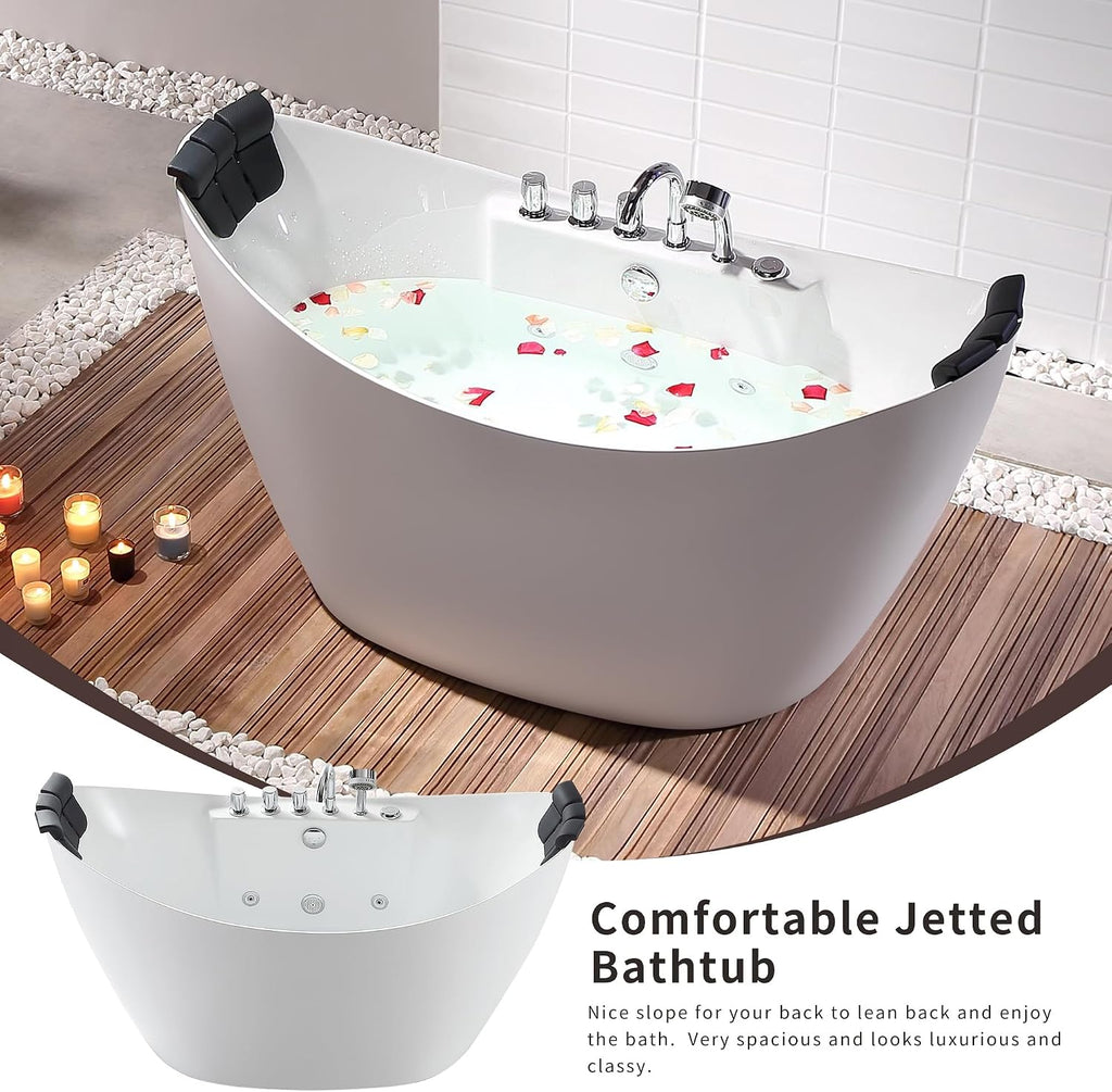 Empava 59 inch Acrylic Freestanding Tub Hydromassage Gracefully Oval Shaped Whirlpool 8 Water Jets Soaking SPA, Double-Ended Massage Bathtub with 2 Black Pillows, White