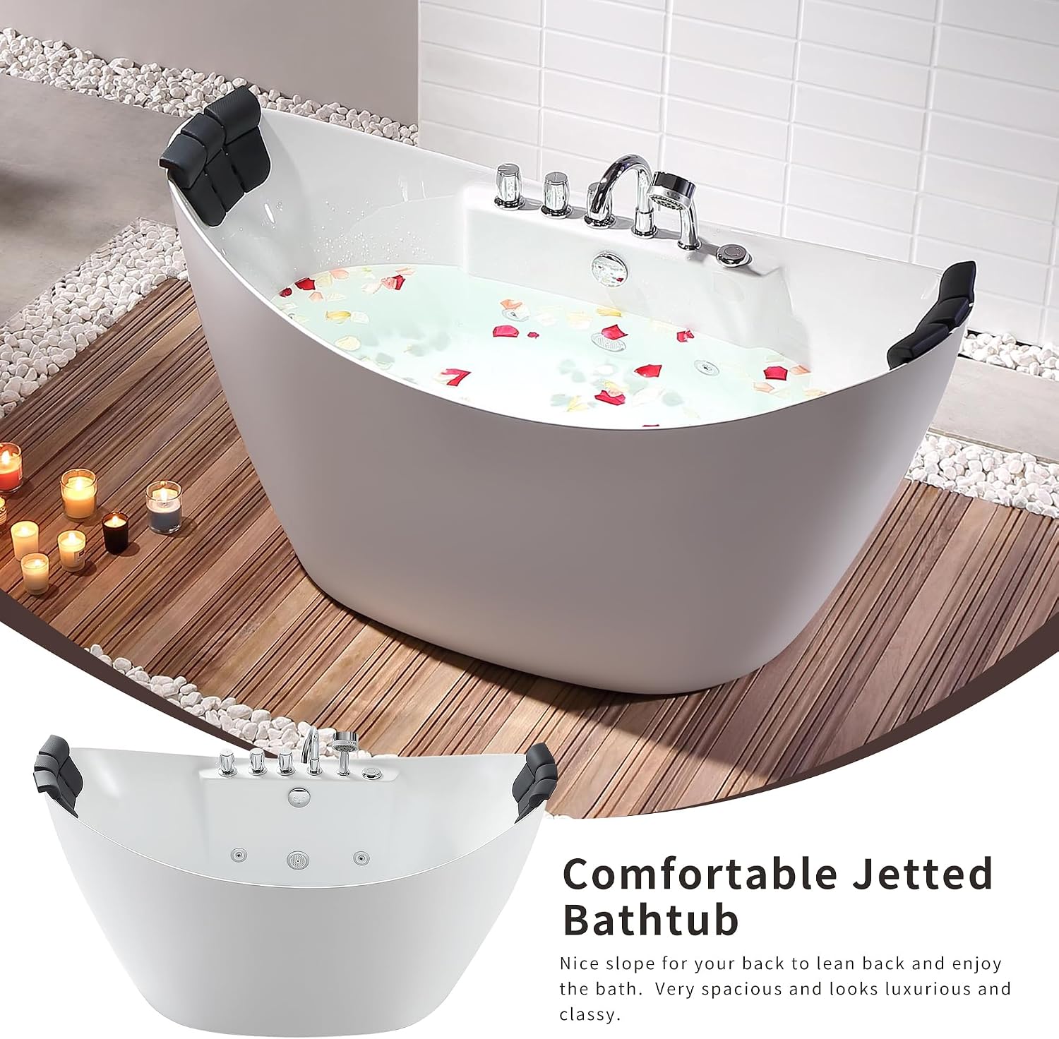 Empava 59 inch Acrylic Freestanding Tub Hydromassage Gracefully Oval Shaped Whirlpool 8 Water Jets Soaking SPA, Double-Ended Massage Bathtub with 2 Black Pillows, White