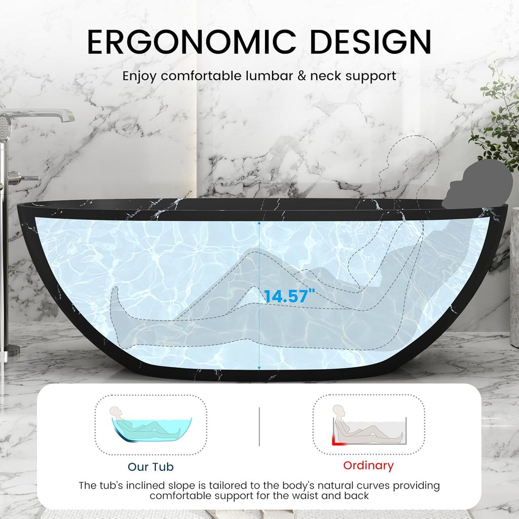 CASAINC 65' Solid Surface Freestanding Tub Marble-Look Stone Resin Freestanding Bathtub Black Soaking Tub with Overflow, Drain, Drain Hose & Sanding Paper