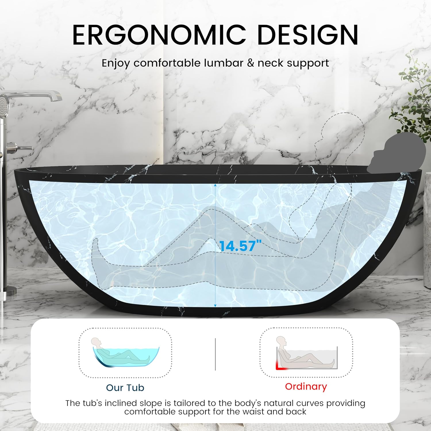CASAINC 65' Solid Surface Freestanding Tub Marble-Look Stone Resin Freestanding Bathtub Black Soaking Tub with Overflow, Drain, Drain Hose & Sanding Paper