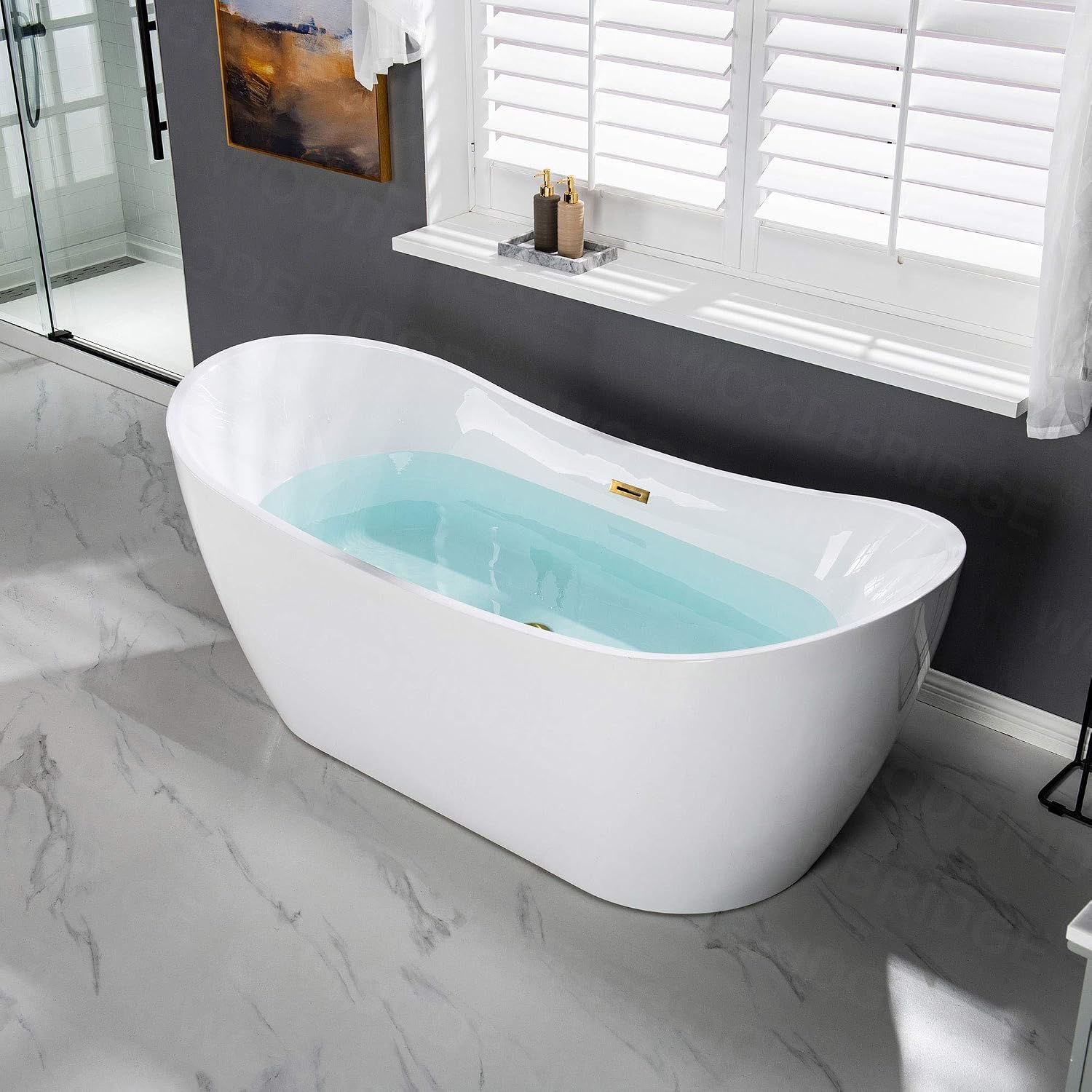 WOODBRIDGE 71' Acrylic Freestanding Bathtub Contemporary Soaking White Tub with Brushed Gold Overflow and Drain,B0017-BG