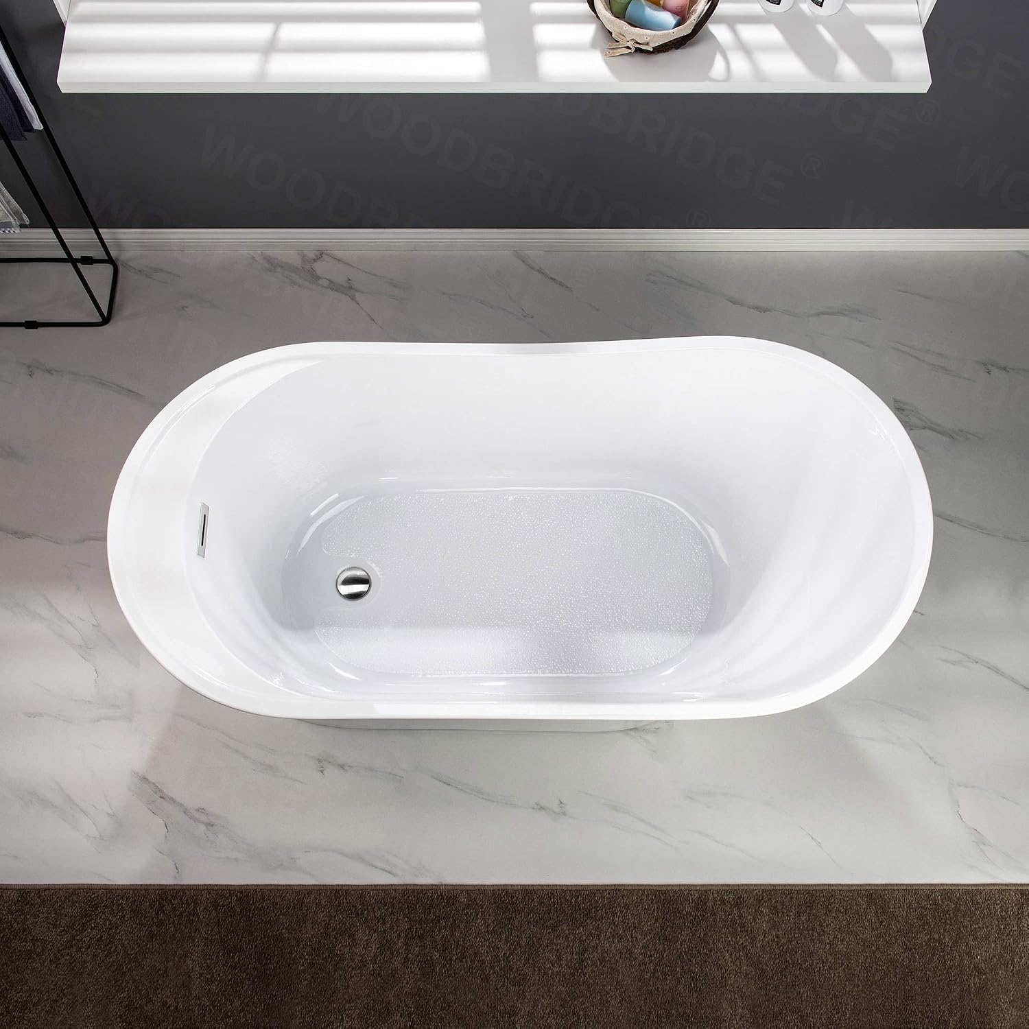 WOODBRIDGE 59' Acrylic Freestanding Bathtub Contemporary Soaking Tub with Chrome Overflow and Drain B0083-C-Drain &O,White