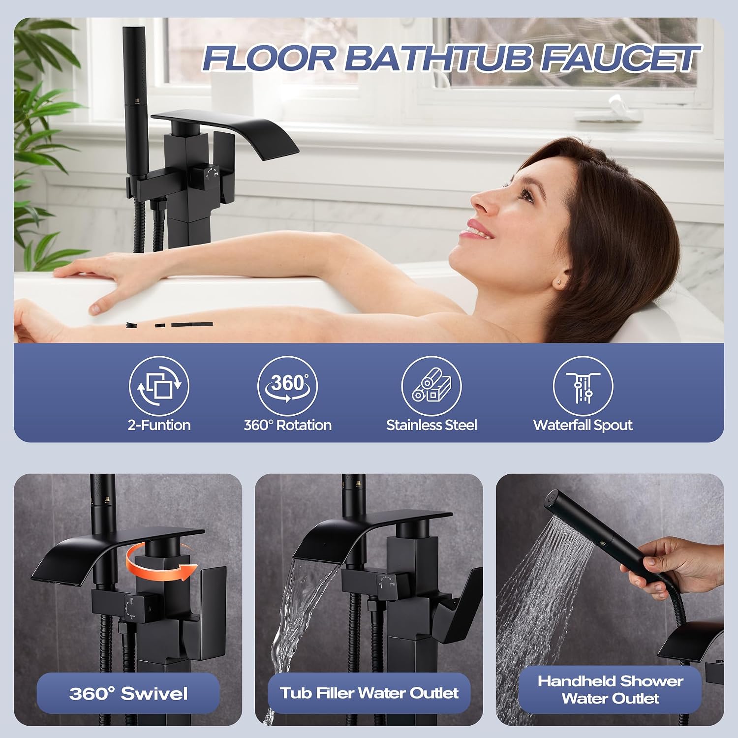 Waterfall Freestanding Bathtub Faucet, Floor Mount Bathroom Tub Filler Shower Faucets with Handheld Sprayer, Matte Black