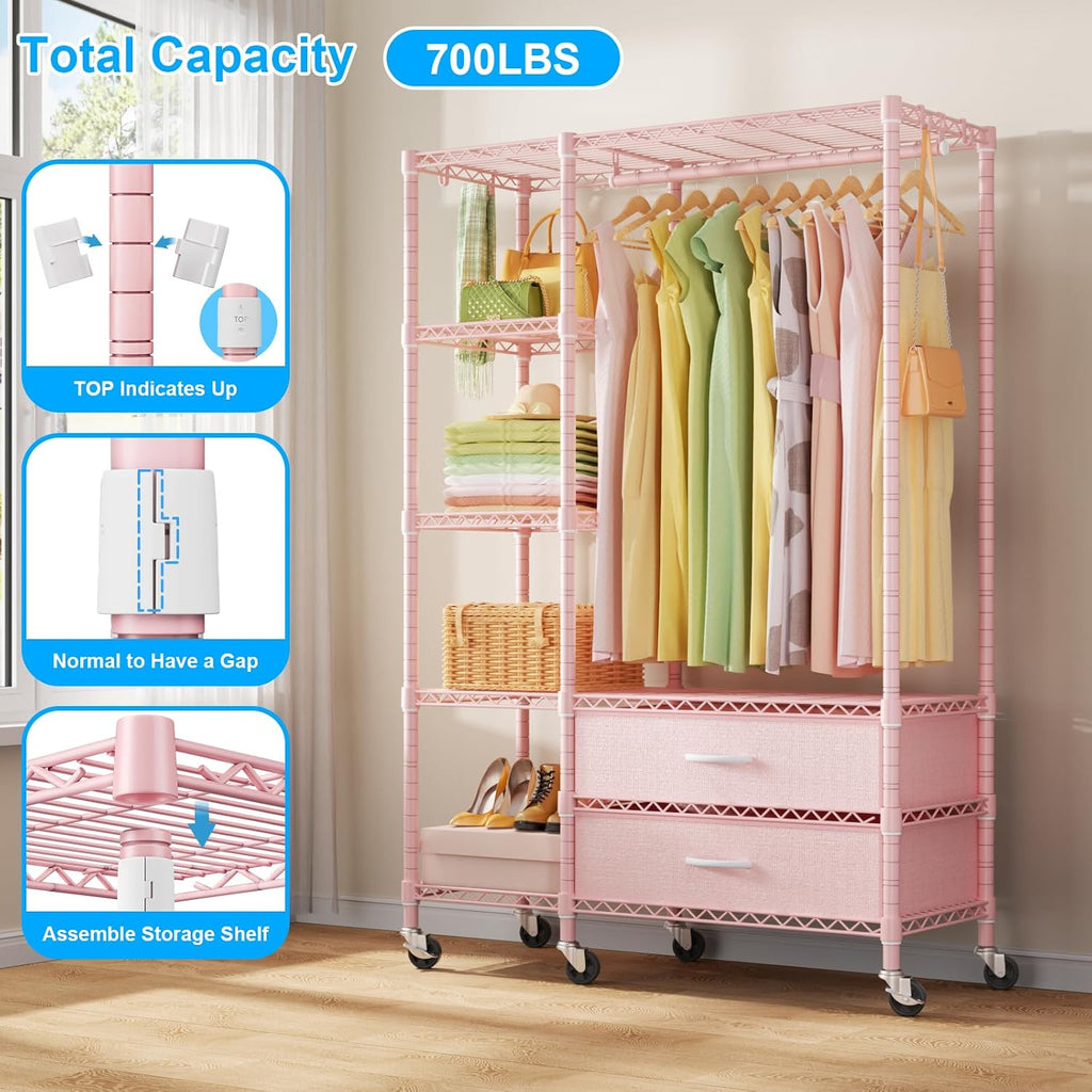 Ulif F3R Heavy Duty Clothes Rack（With Lockable Wheels）Freestanding Clothing Racks for Hanging Clothes，Adjustable Closet Organizer System，Portable Garment Rack 40'W x 15'D x 74'H，Max Load 700LBS，Pink