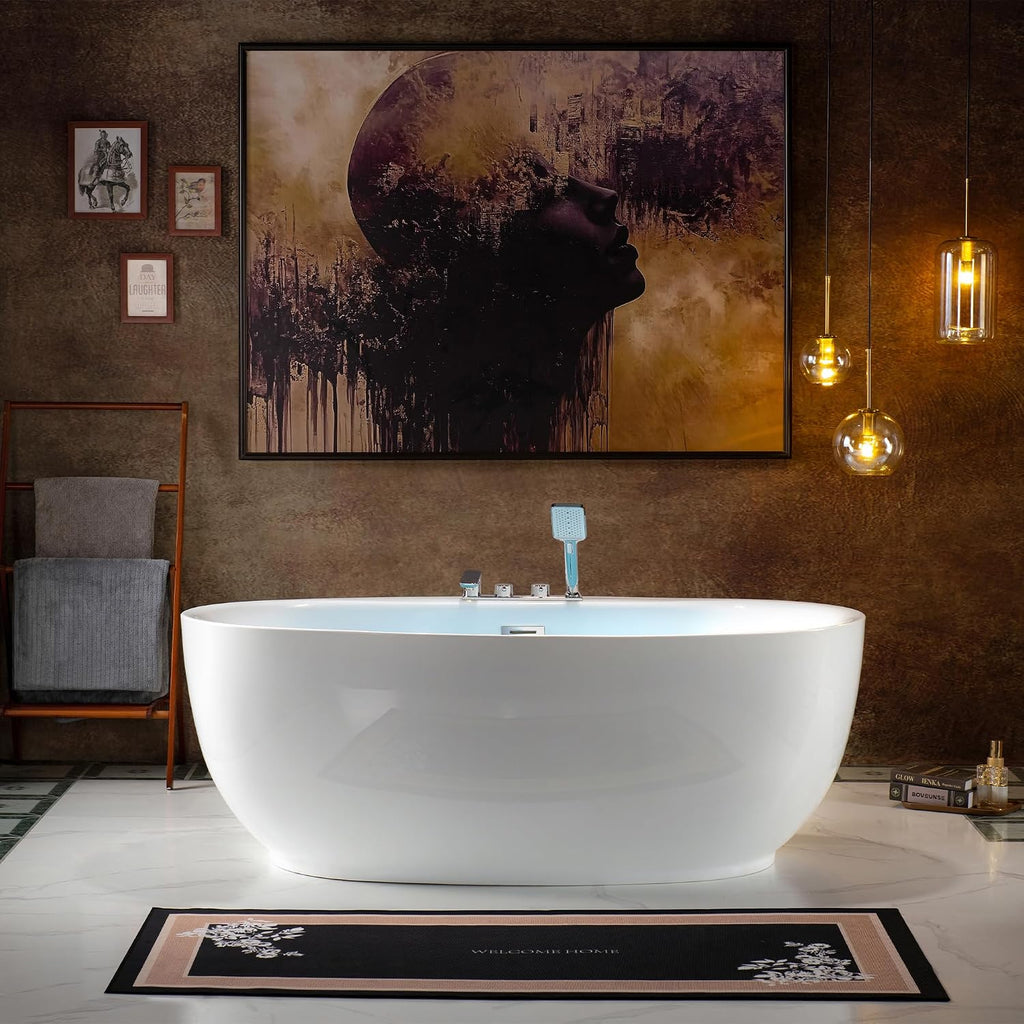 WOODBRIDGE 66' Acrylic Freestanding Bathtub Contemporary Soaking White Tub with Brushed Nickel Overflow & Drain and Faucet,B0027-BN