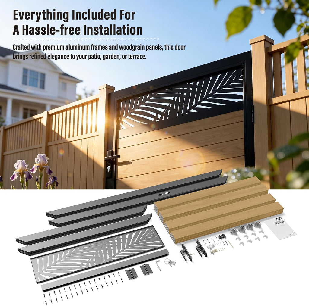 4x6 FT Aluminum Fence Gate Kit Wood Grain Aluminum Gate with Decorative Cutout, Lock & Hinges, Left/Right Opening, Weather Resistant for Yard Garden Patio