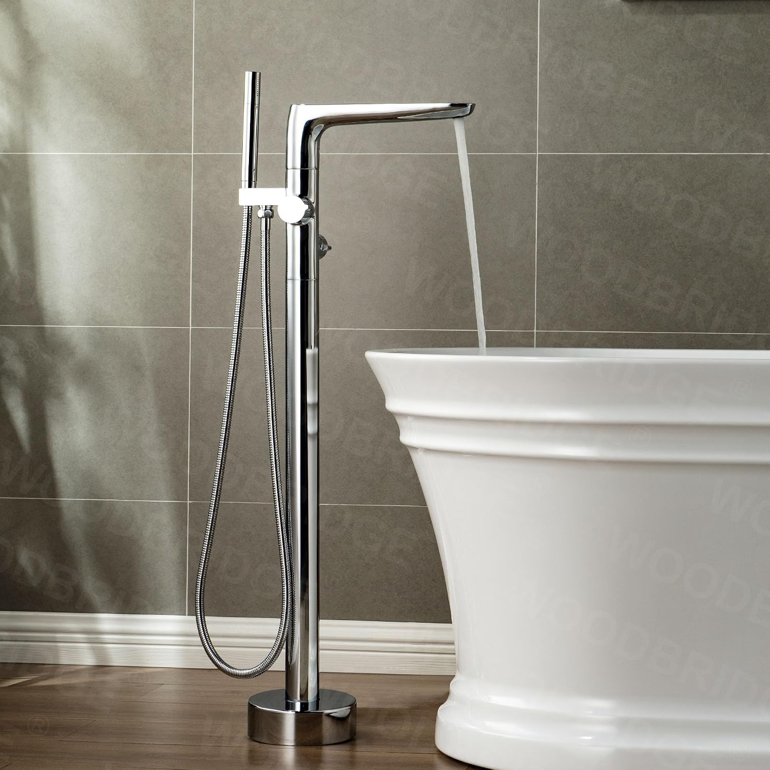 WOODBRIDGE Contemporary Single Handle Floor Mount Freestanding Tub Filler Faucet with Hand shower in Chrome Finish,F0013CH