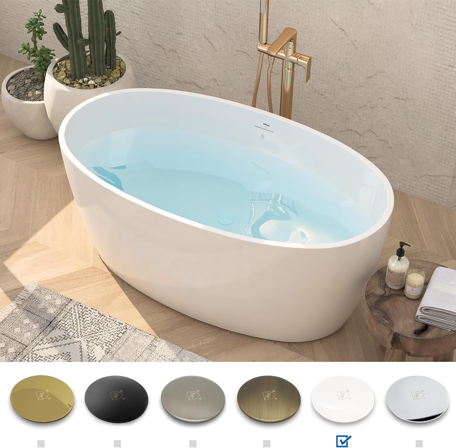 FerdY Tahiti 55' Acrylic Freestanding Bathtub, Elegant Oval Shape Soaking Bathtub, Glossy White, White Drain & Bath Pillow for Bathtub,Thick Tub Pillows, Breathable 4D Air Mesh