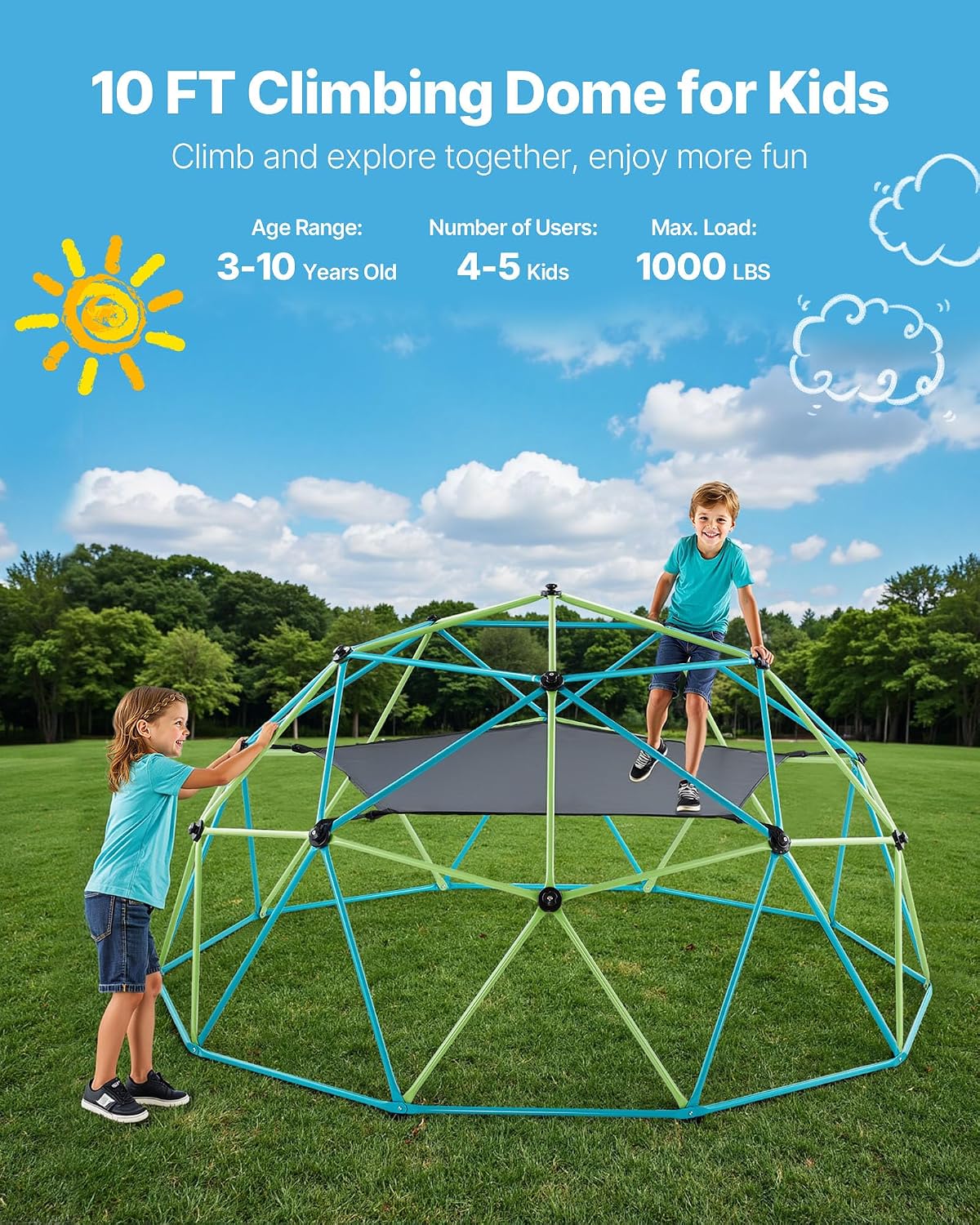 VEVOR Climbing Dome, 10FT Geometric Dome Climber with Swing & Hammock, 1000LBS Loading Kid's Jungle Gym Playground, Easy-Assembly Outdoor Backyard Climbing Equipment for Boys Girls 3 to 10 Years Old