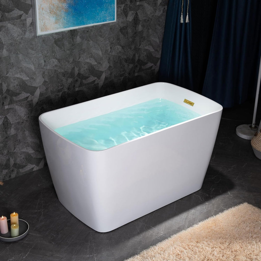 WOODBRIDGE 48' Acrylic Freestanding Square Shape Janpanese Soaking Tub with Pre-molded Seat and Brushed Gold Pop-Up Drain and Overflow Option, White,B0070-BG