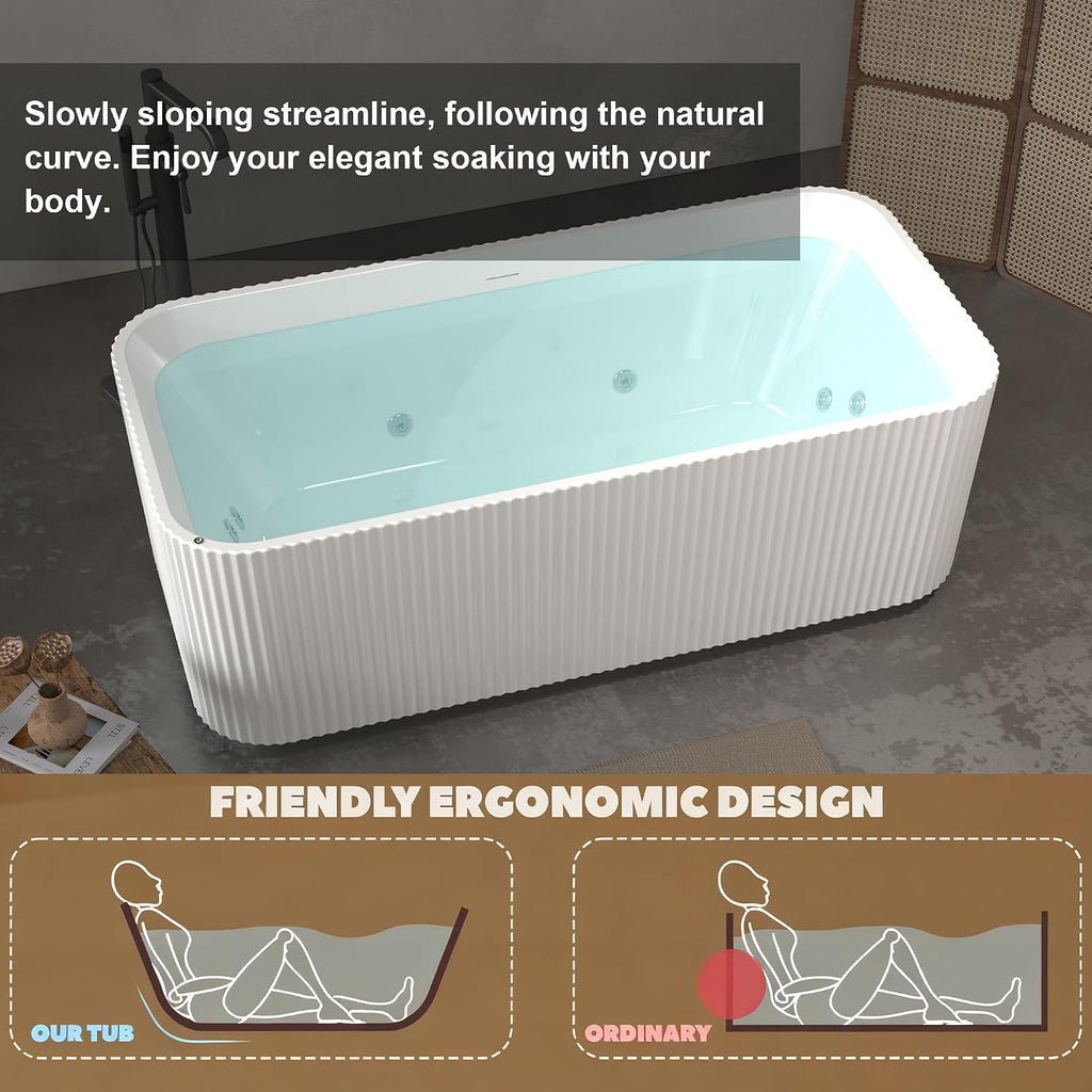 67'Luxury Freestanding Rectangular Massage Bathtub with 10 Hydrotherapy Jets, Glossy White Acrylic, Chrome Pop-up Drain, cUPC Certified,Gloss White