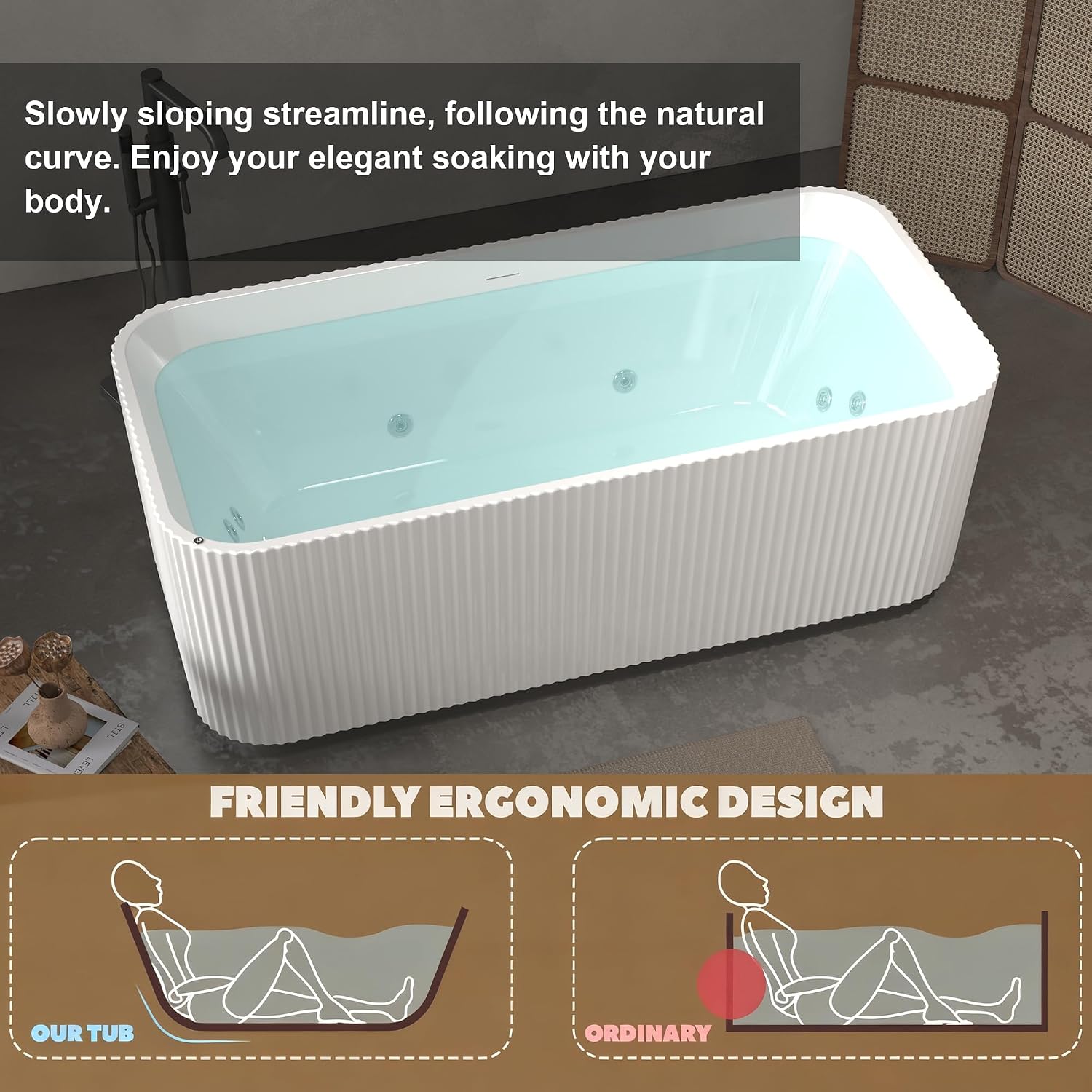67'Luxury Freestanding Rectangular Massage Bathtub with 10 Hydrotherapy Jets, Glossy White Acrylic, Chrome Pop-up Drain, cUPC Certified,Gloss White