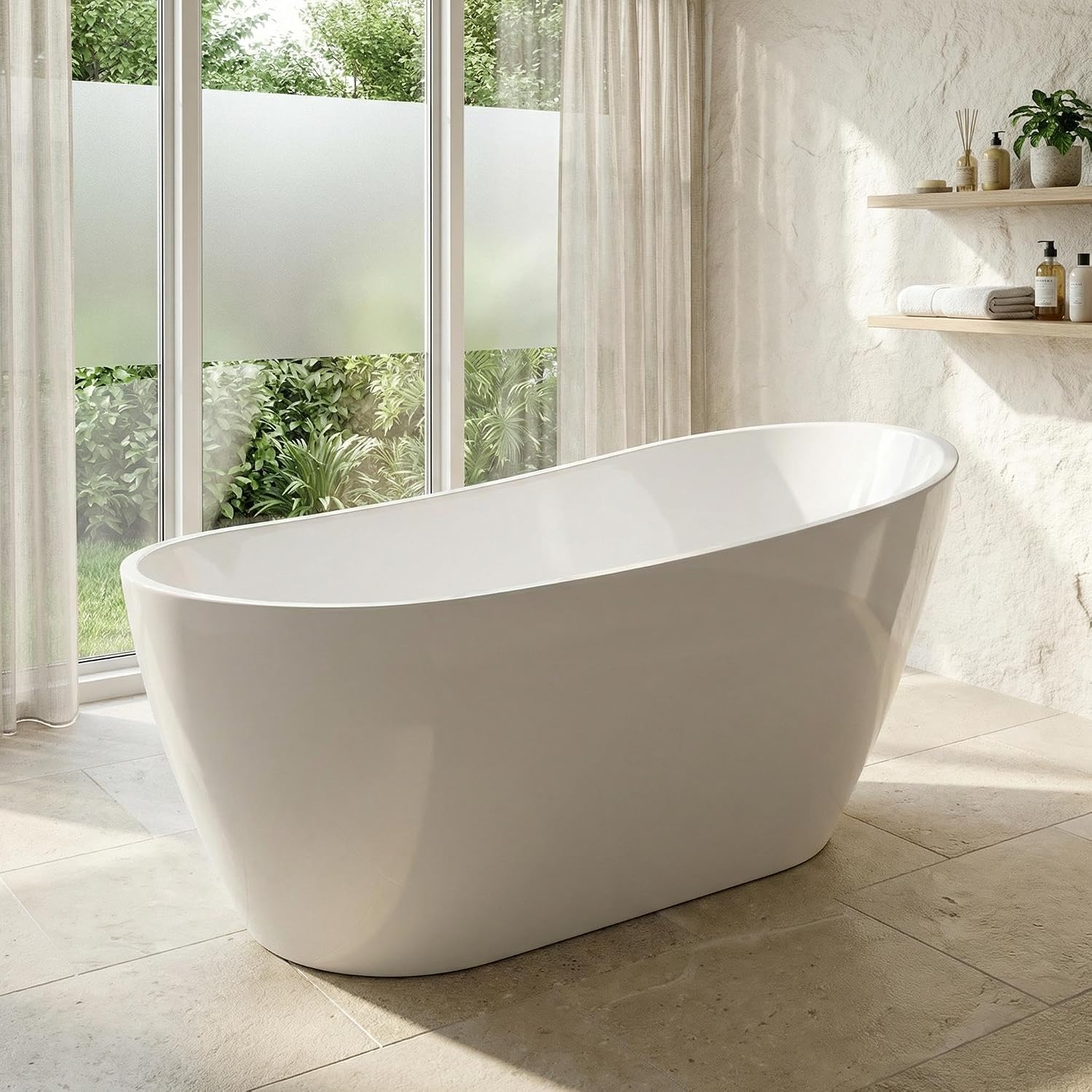 67' Freestanding Bathtub, Black Exterior White Interior Acrylic Stand Alone Soaking Tub, Modern Oval Bath with Ergonomic Design and Chrome Drain for Bathroom Remodel and Home Spa