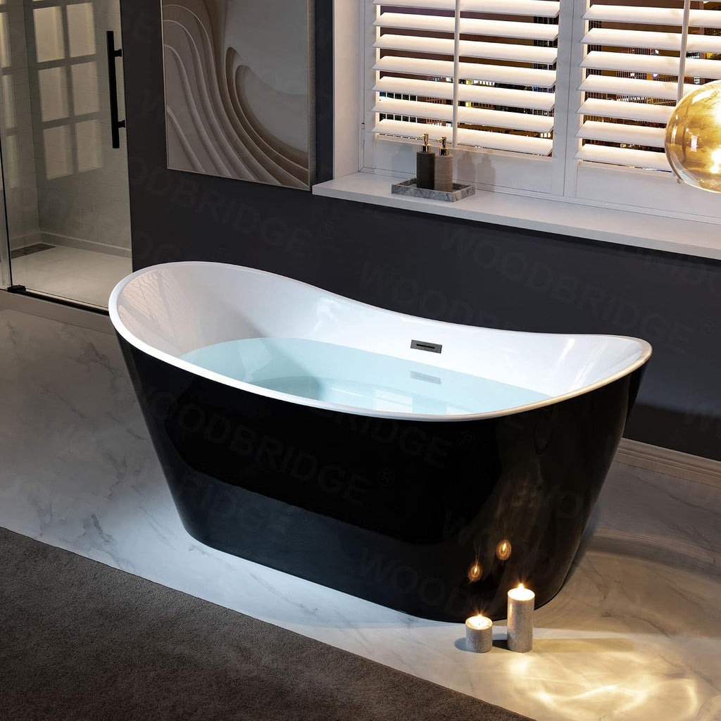 WOODBRIDGE 67' Acrylic Freestanding Bathtub Contemporary Soaking Tub with Mattle Black Overflow and Drain,Black