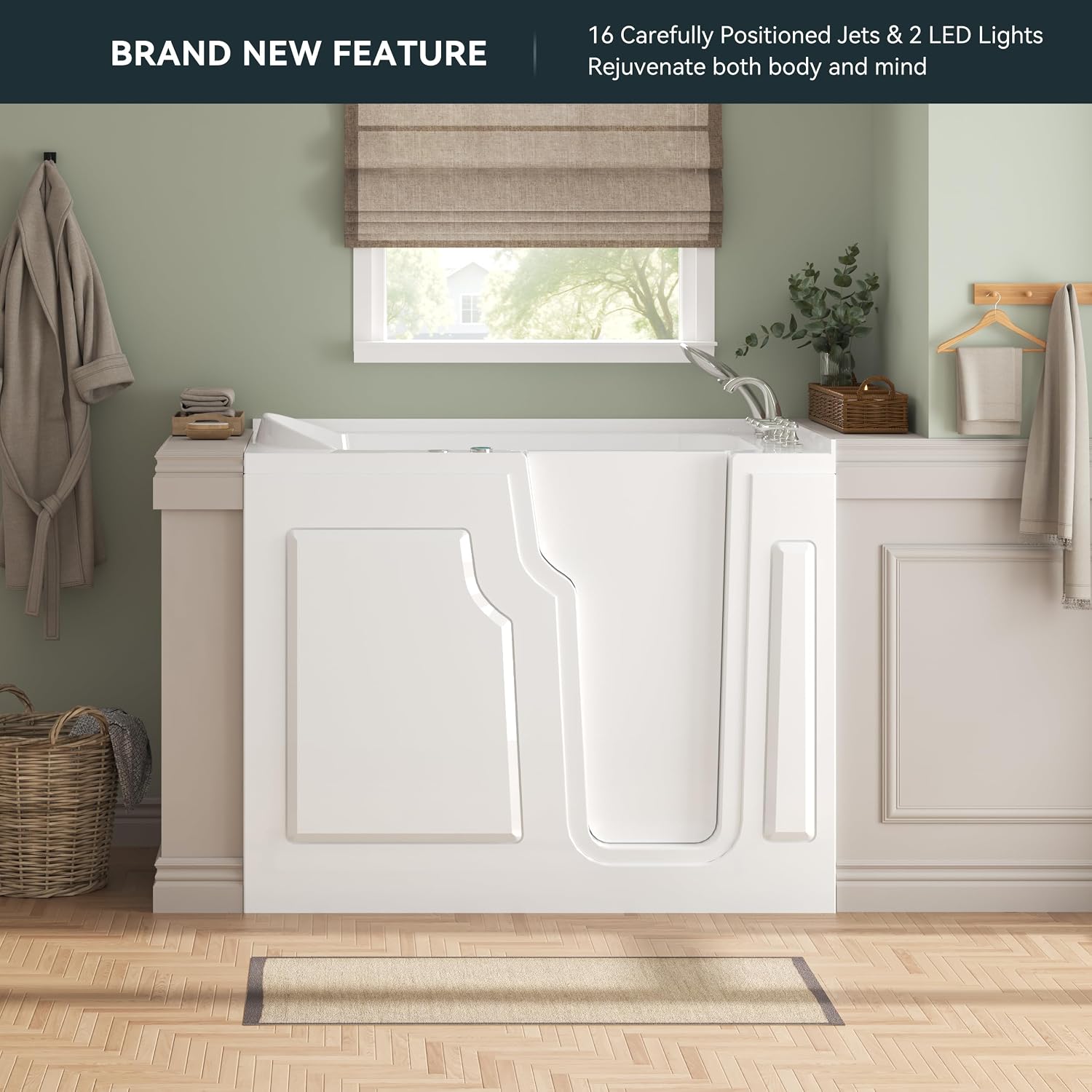 FerdY Floridian 55'x33' Walk-in Whirlpool Bathtub with 16 Air Water SPA Jets and Right-Side Door Opening and Quick Fill and Drain System, Rectangular Soaking Jetted Bath Tub in White with LED Lights