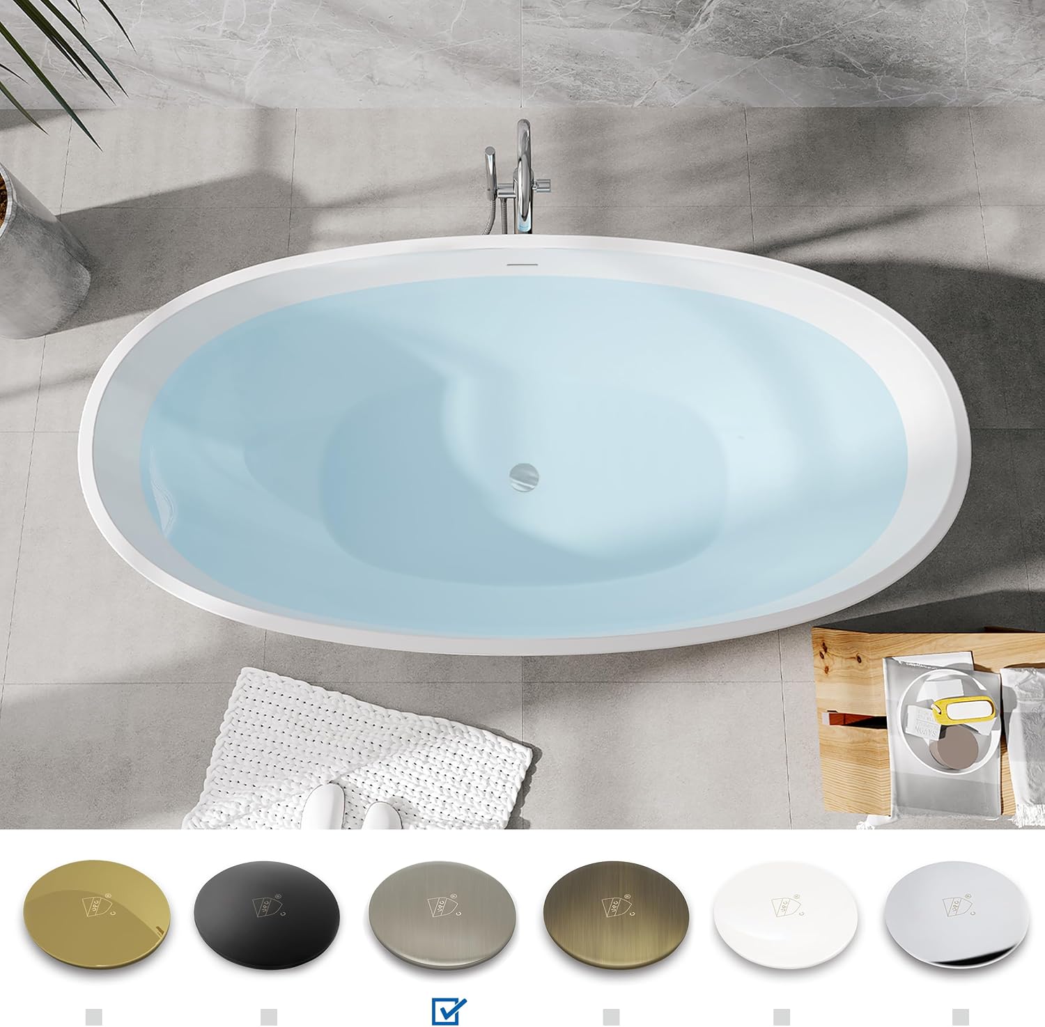 FerdY Koh Samui 65' Freestanding Bathtub, Elegant Oval Shape, Double Walled Insulation Bathtub with Center Brushed Nickel Drain& Bath Pillow for Bathtub,Thick Tub Pillows, Ergonomic Support