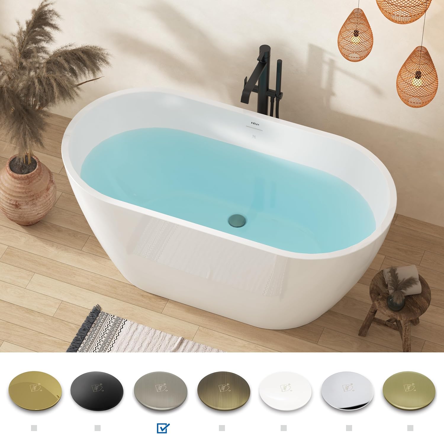 FerdY 55' Acrylic Freestanding Bathtub, Contemporary Soaking tub with Brushed Nickel Drain & Overflow, cUPC Certified, Elegant Oval Shape, Bali
