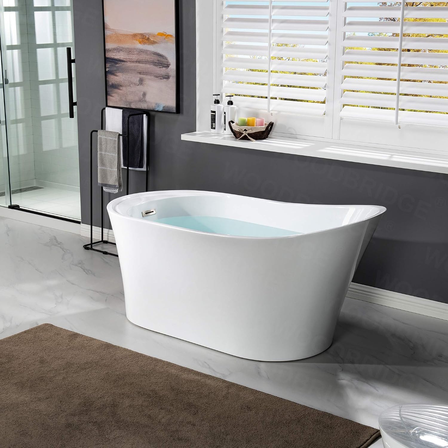 WOODBRIDGE 59' Acrylic Freestanding Bathtub Contemporary Soaking Tub with Chrome Overflow and Drain B0083-C-Drain &O,White