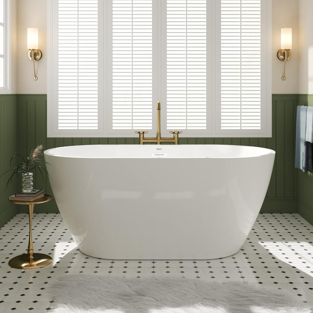 FerdY Nauru 55' Acrylic Freestanding Bathtub with Headrest, Gracefully Shaped Soaking Bathtub, Glossy White cUPC Certified, Toe-Tap Chrome Drain & Classic Slotted Overflow & Bath Pillow Included