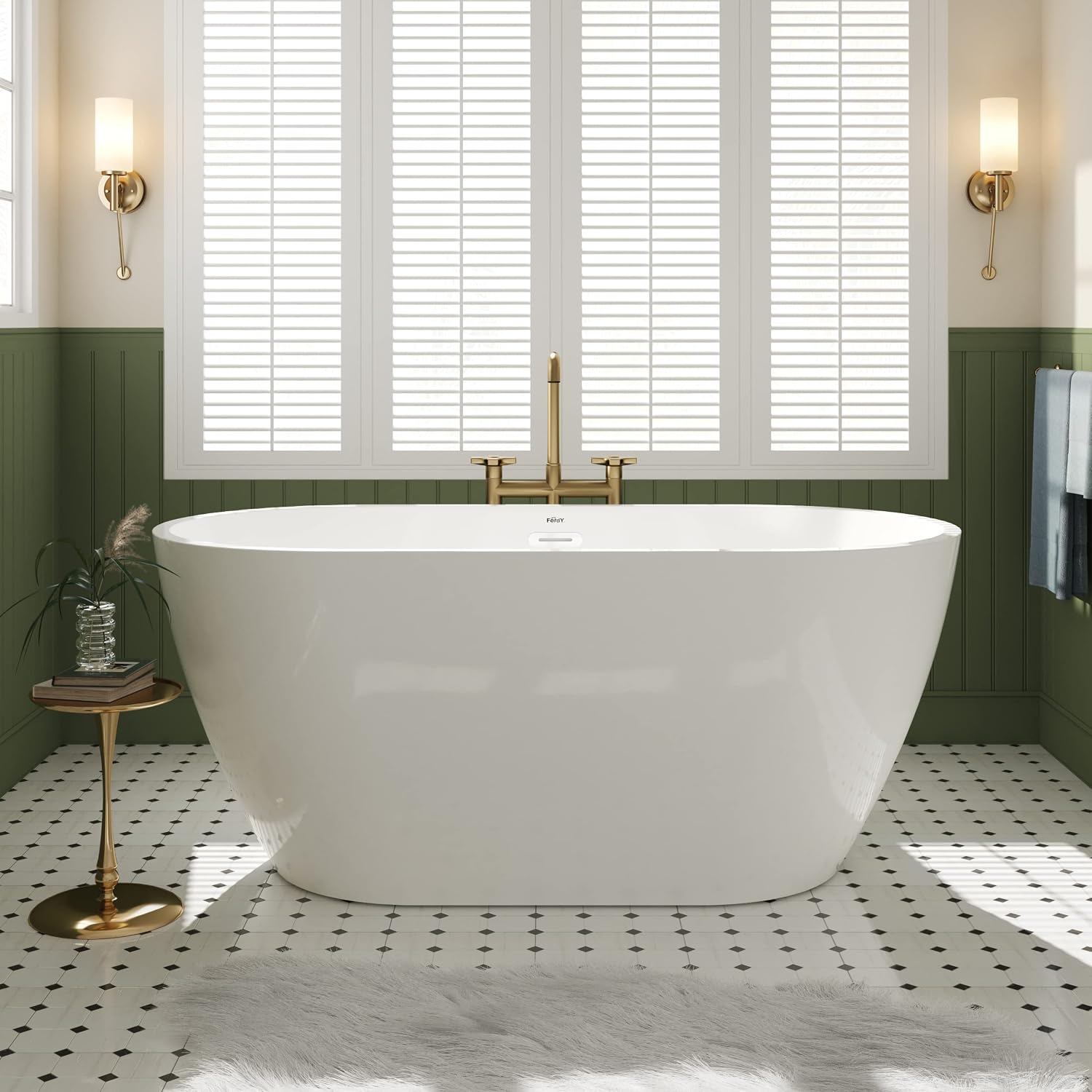 FerdY Nauru 55' Acrylic Freestanding Bathtub with Headrest, Gracefully Shaped Soaking Bathtub, Glossy White cUPC Certified, Toe-Tap Chrome Drain & Classic Slotted Overflow & Bath Pillow Included