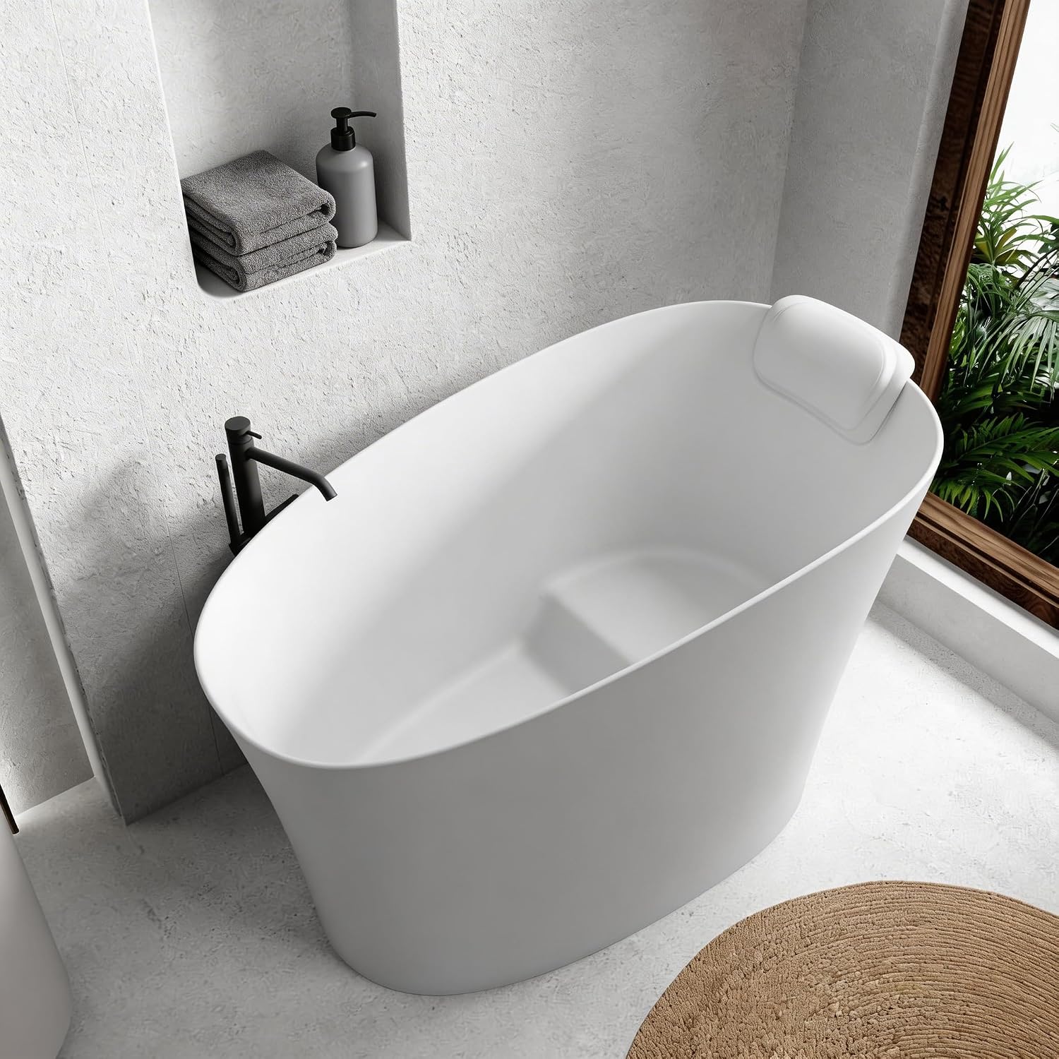 51'Freestanding Thermostatic Bathtub, Solid Surface Japanese Soaking Tub with Integrated Seat Cushion and Headrest, Includes Overflow and Drain Assembly, Oval White (White-51')