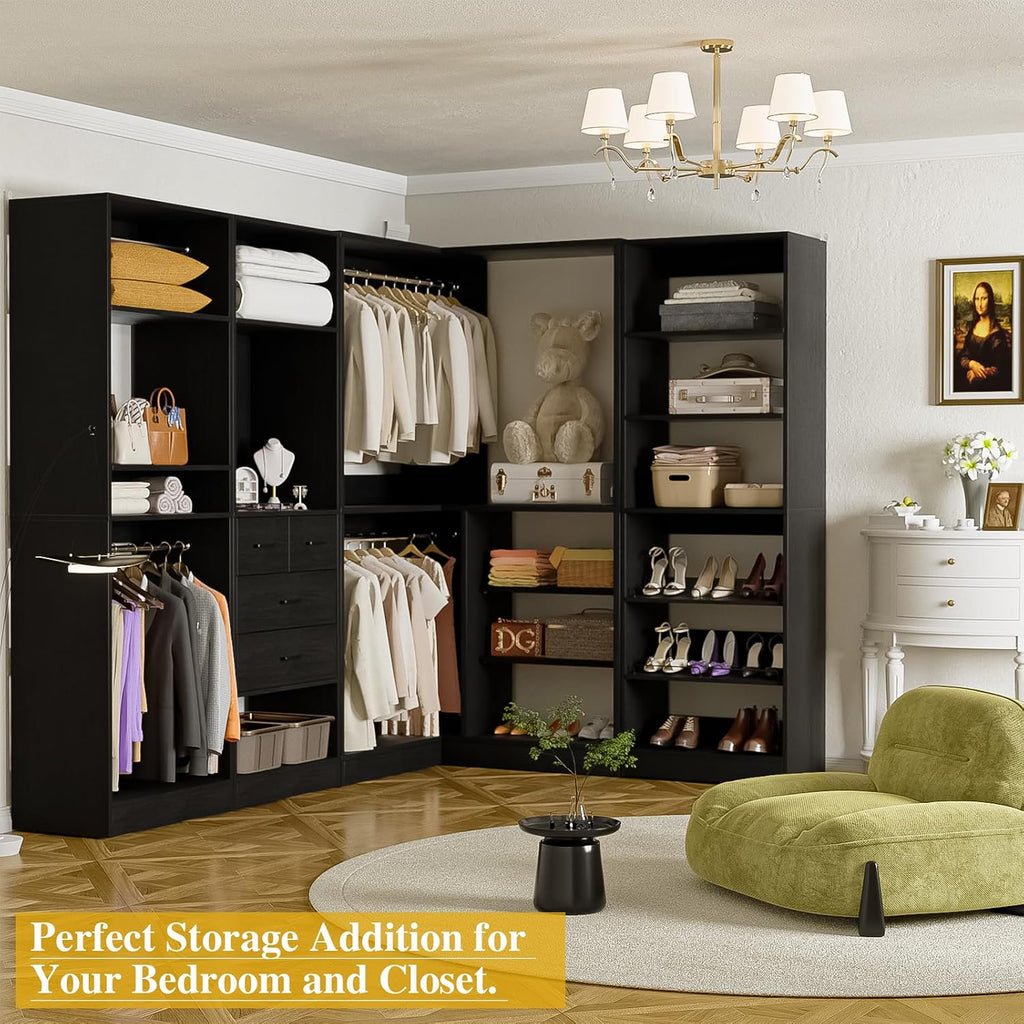 Unikito 110' Closet System with Drawers, Corner Closet Organizer with 4 Hanging Rods and Mirror Design, 9.3FT Reversible Large Wood L Shaped Walk in Closets Wardrobe with Shoe Shelves, Set of 4, Black