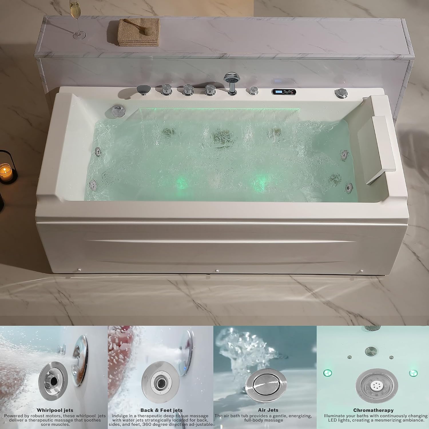 Empava Acrylic Whirlpool Bathtub, 71-Inch Jetted Bathtub with Healing Chromotherapy, Heated Soaking Tub with LED Control Panel, Comforting Hydro Massage Tub with Waterfall Joy, Black Pillow