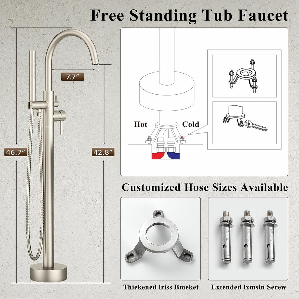 Freestanding Bathtub Faucet Brushed Nickel Tub Filler Floor Mount Free Standing Metal Bathroom Tub Gooseneck Spout with 2 Function Hand Shower