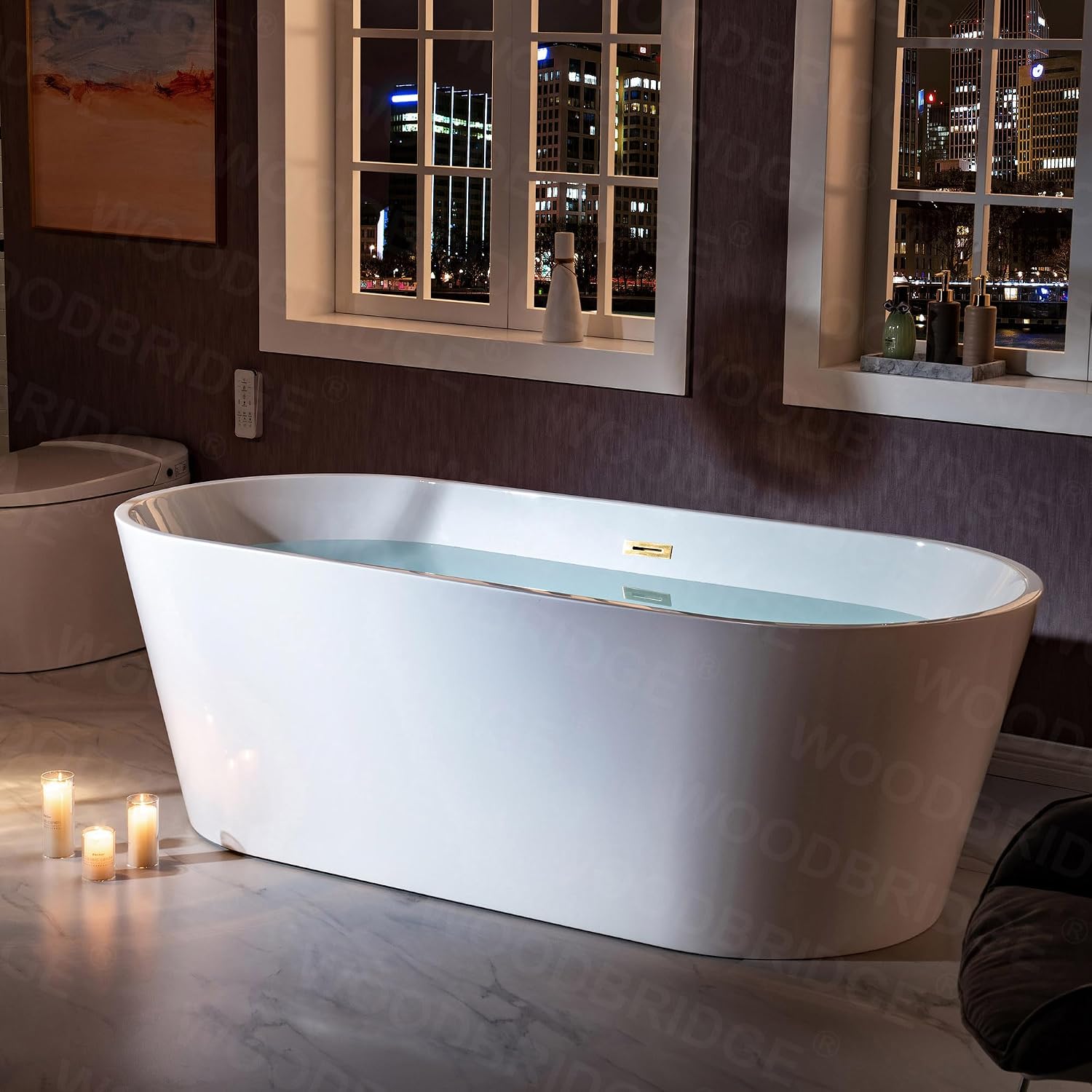 WOODBRIDGE 71' Acrylic Freestanding Bathtub Contemporary Soaking White Tub with Brushed Gold Overflow and Drain,B1701-BG
