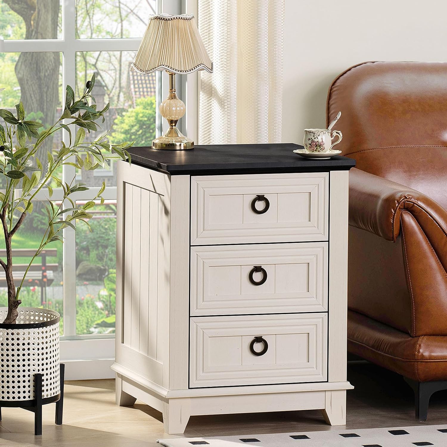 Joaxswe Farmhouse Night Stand Set of 2, 18' End Table with 3 Drawer Metal Handle, Dresser for Bedroom, Sofa Bed Side Table Chest of Drawers,Wood Nightstand Cabinet for Organizer, Living Room-White