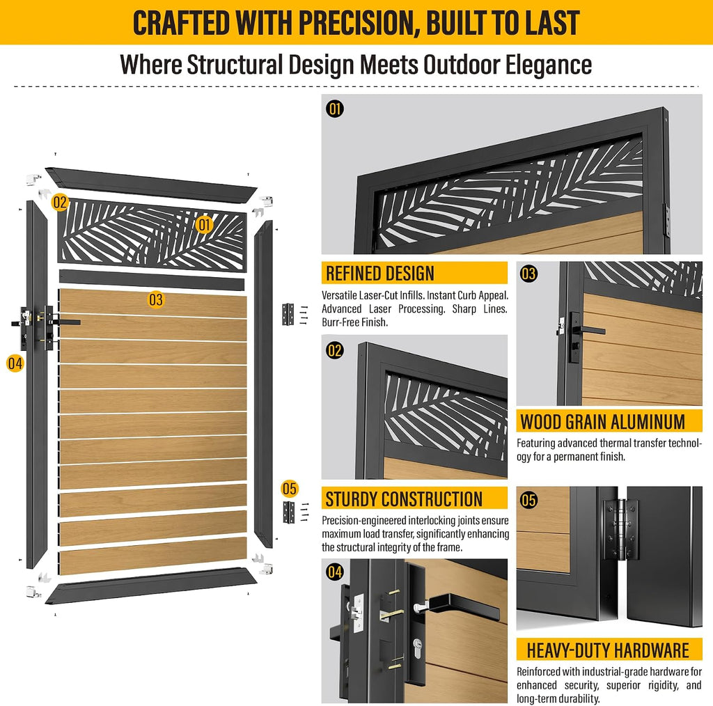 4x5 FT Aluminum Fence Gate Kit Wood Grain Aluminum Gate with Decorative Cutout, Lock & Hinges, Left/Right Opening, Weather Resistant for Yard Garden Patio
