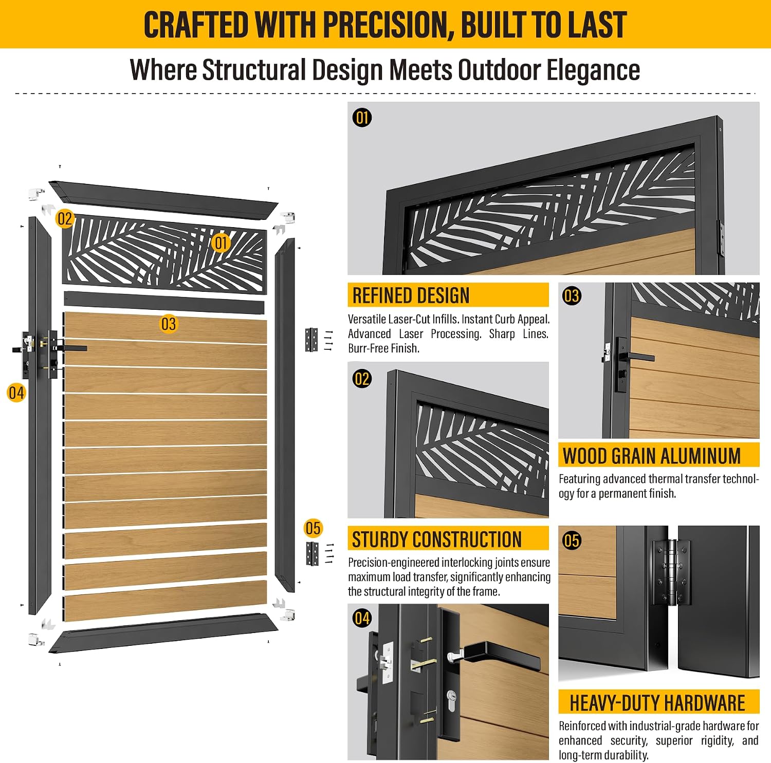 4x5 FT Aluminum Fence Gate Kit Wood Grain Aluminum Gate with Decorative Cutout, Lock & Hinges, Left/Right Opening, Weather Resistant for Yard Garden Patio