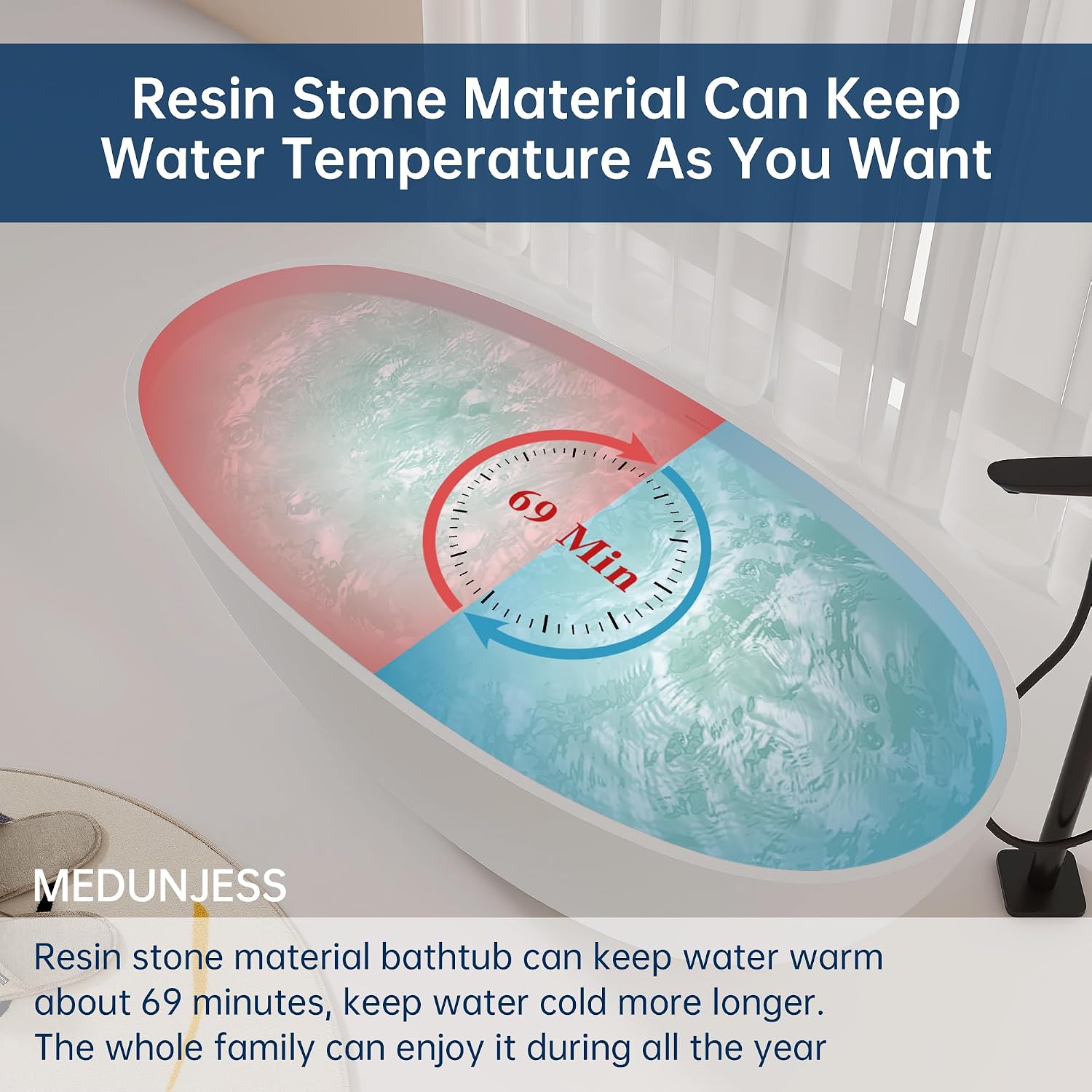 61'' Resin Stone Soaking Bathtub Oval Solid Surface Freestanding Soaking Bathtubs Matte White Soaking Tub with Overflow and Pop up Drain - White