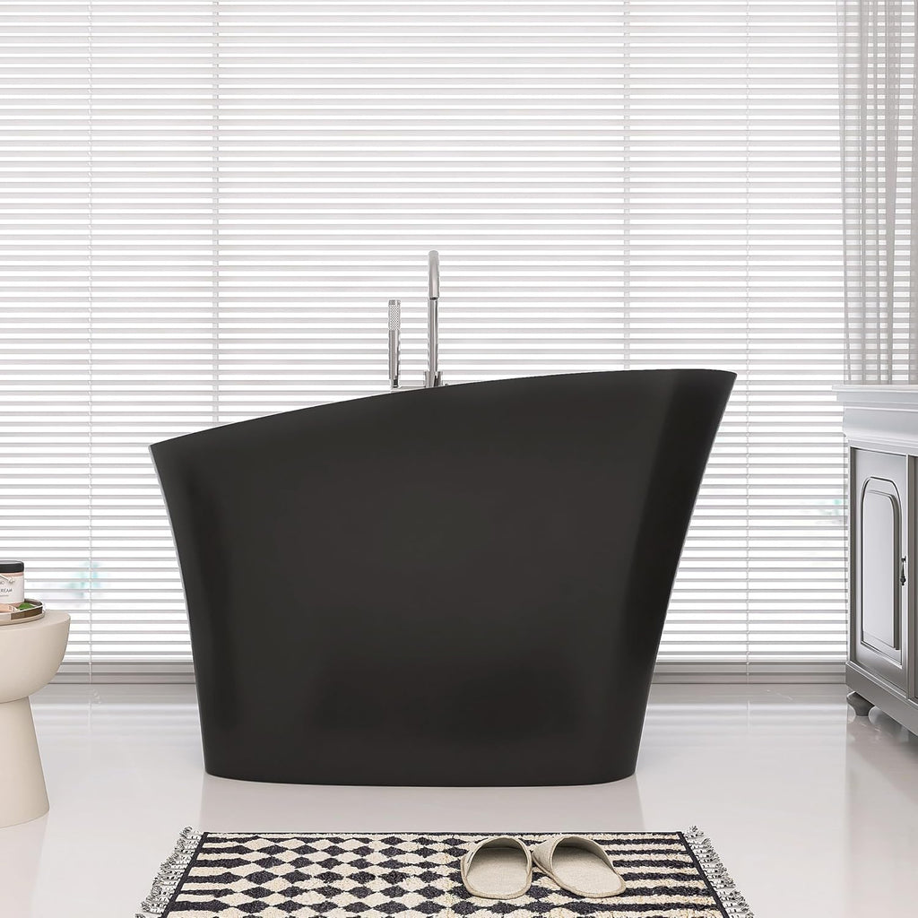 51' Japanese Soaking Bathtub with Seat, Solid Surface Matte Black | Freestanding Deep Soaking Tub, Pop-Up Drain and Overflow, Resin Stone Stand Alone for Samll Bathroom