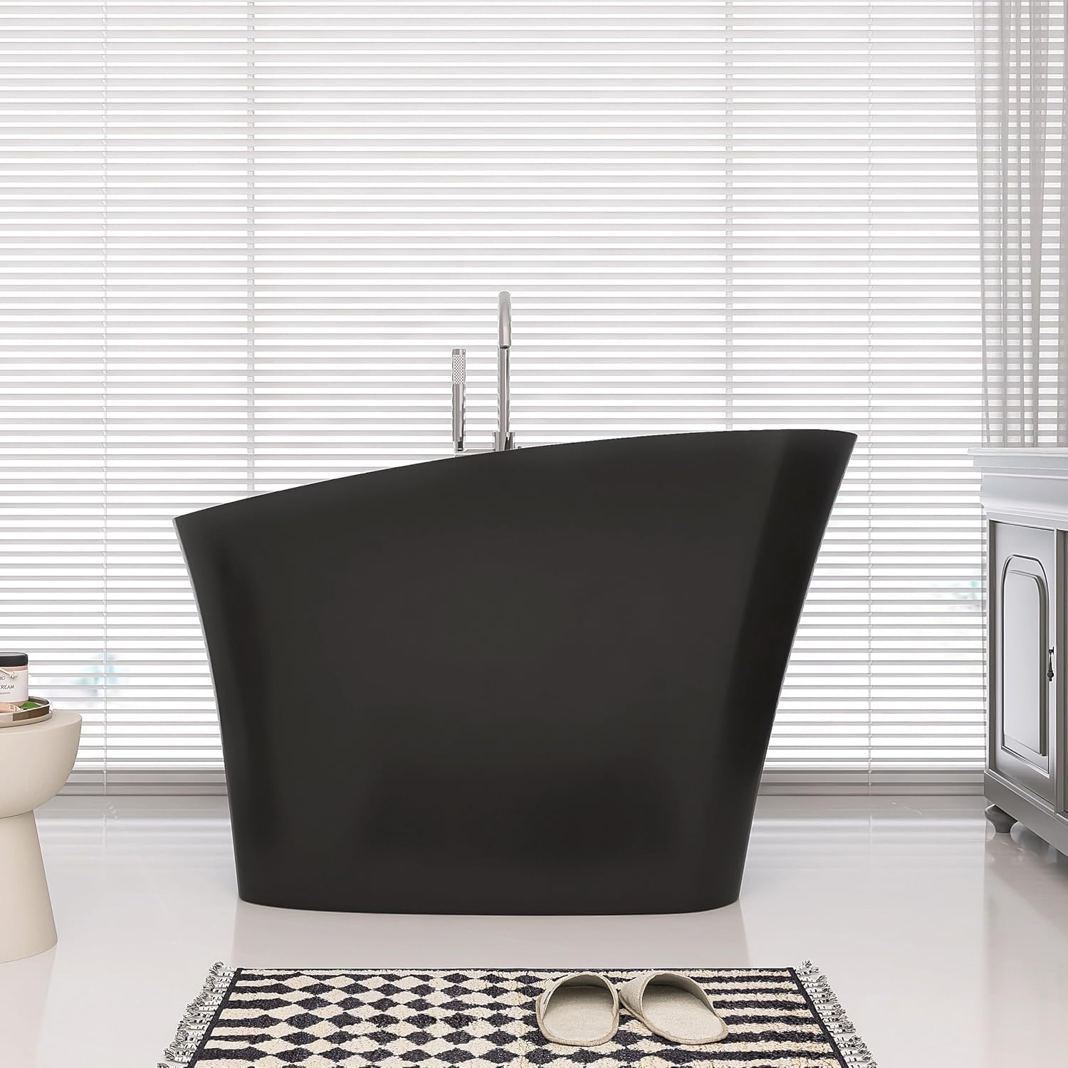 51' Japanese Soaking Bathtub with Seat, Solid Surface Matte Black | Freestanding Deep Soaking Tub, Pop-Up Drain and Overflow, Resin Stone Stand Alone for Samll Bathroom