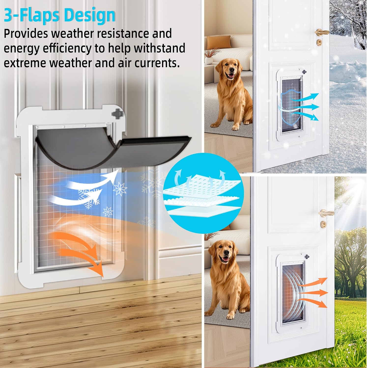 3-Flap Steel Large Dog Door for Exterior Doors with Sliding Lock Panel, Energy-Efficient Insulated Pet Door, Extreme Weather Doggy Door with Telescoping Tunnel, Never Rust（Pets Up to 100 Lb）