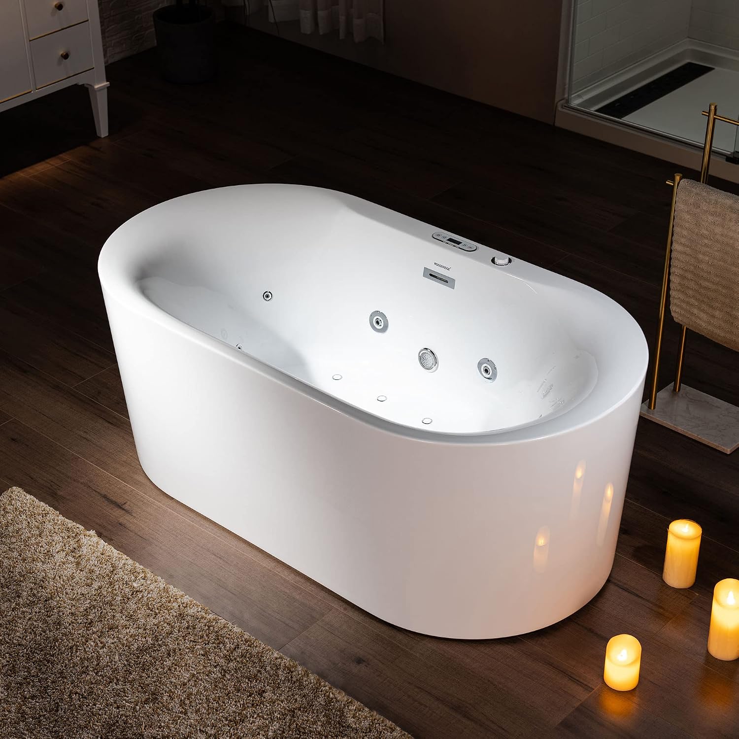 WOODBRIDGE 59' x 31-1/2' Whirlpool Water Jetted and Air Bubble Freestanding Heated Soaking Combination Bathtub with LED control panel, BJ100, White | Whirlpool Water Jetted, Air Bubble, Heated Soaking, LED Control Panel