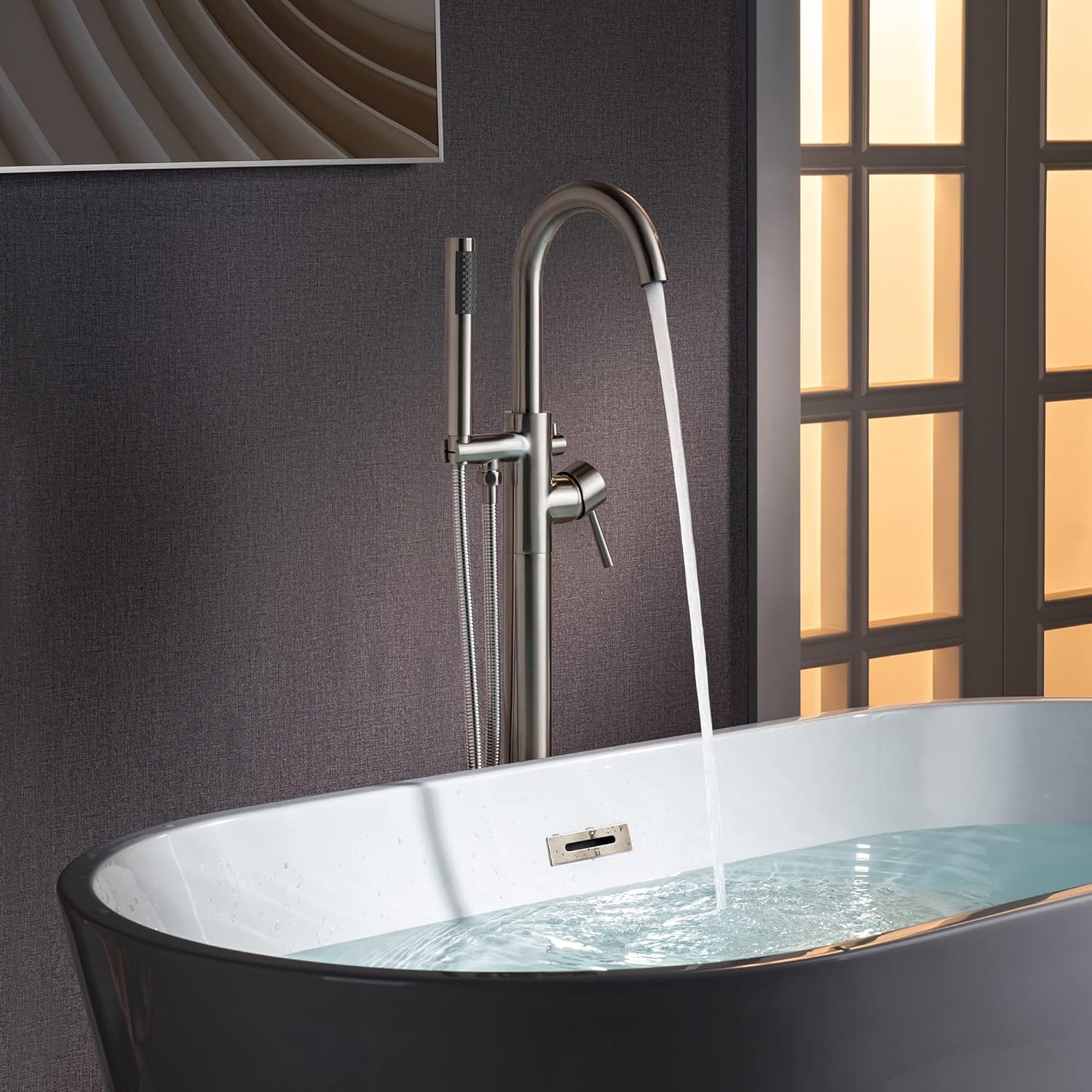 WOODBRIDGE F0023BNRD WOODBRIDGEE High Flow Rate 8 GPM Freestanding Tub Filler Faucet with Hand Shower, Brushed Nickel