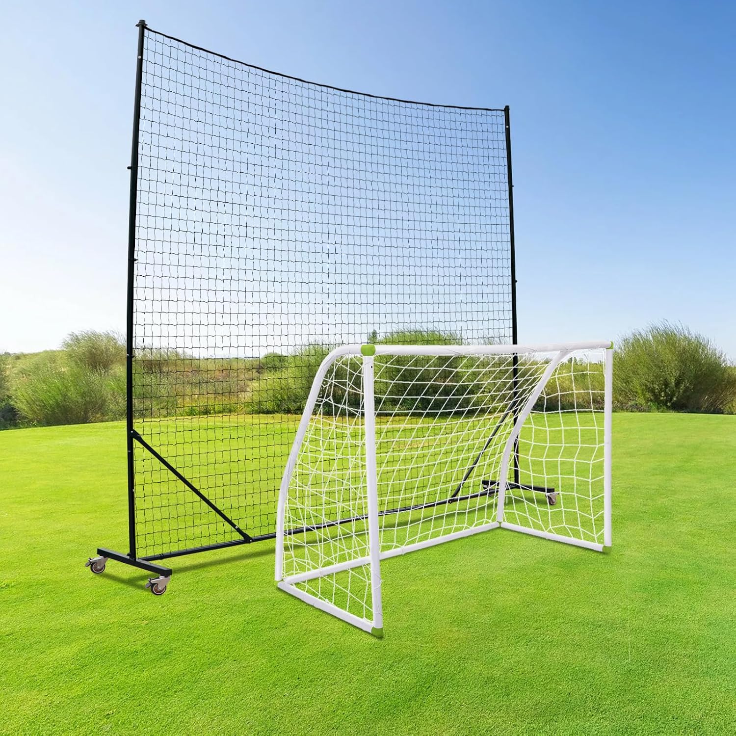 Backstop Net System for Backyard – Heavy Duty Sports Barrier Net with Steel Posts, Movable/Socketed Ball Stop Net for Soccer, Baseball, Training