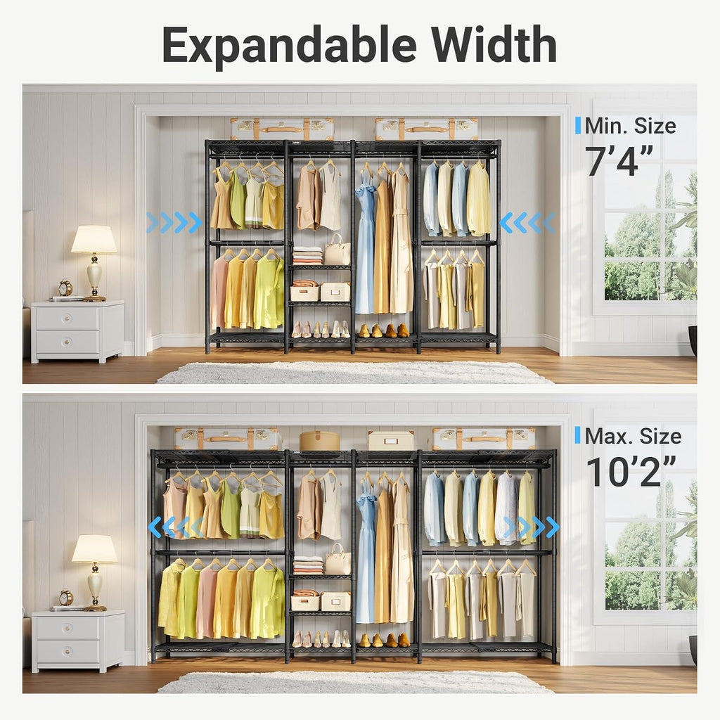 VIPEK X4 Expandable Heavy Duty Clothes Rack, Adjustable from 7'4' to 10'2' with Adjustable Shelves and Hanger Rods, Large Wardrobe Closet Reach-in & Walk-in Closet Metal Clothing Rack, 1530 LBS, Black