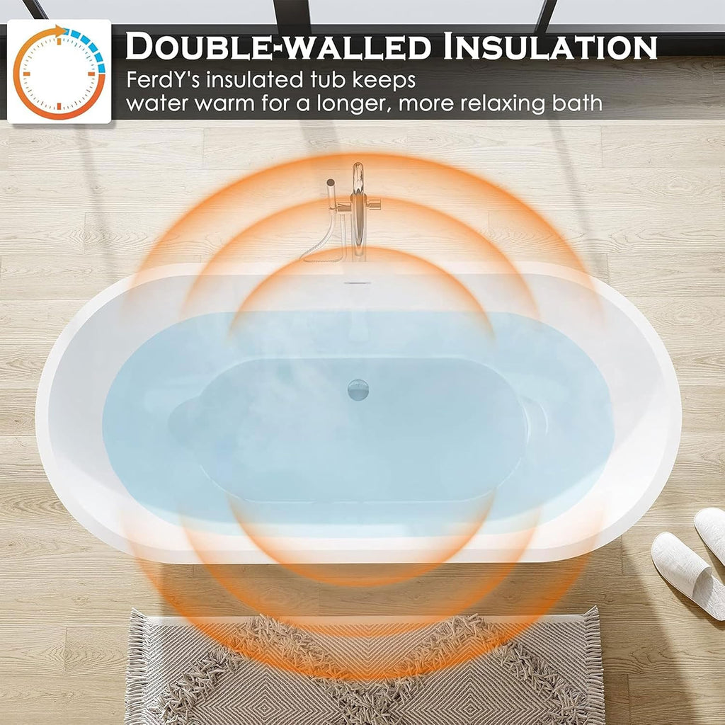 FerdY Bali 59' Acrylic Freestanding Bathtub, Gracefully Shaped Freestanding Soaking Bathtub, Toe-Tap Chrome Drain and Classic Slotted Overflow Included, Glossy White, cUPC Certified