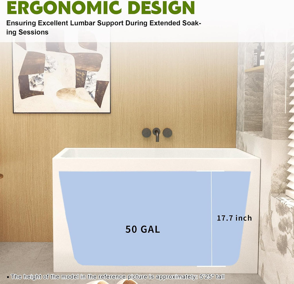 43 Inch Acrylic Freestanding Bathtub, Rectangle Soaking Tub for Small Bathrooms, Gloss White Pure Acrylic Tub with Chrome Overflow & Pop-Up Drain, cUPC Certified, Left Drain,Deep Soak Tub