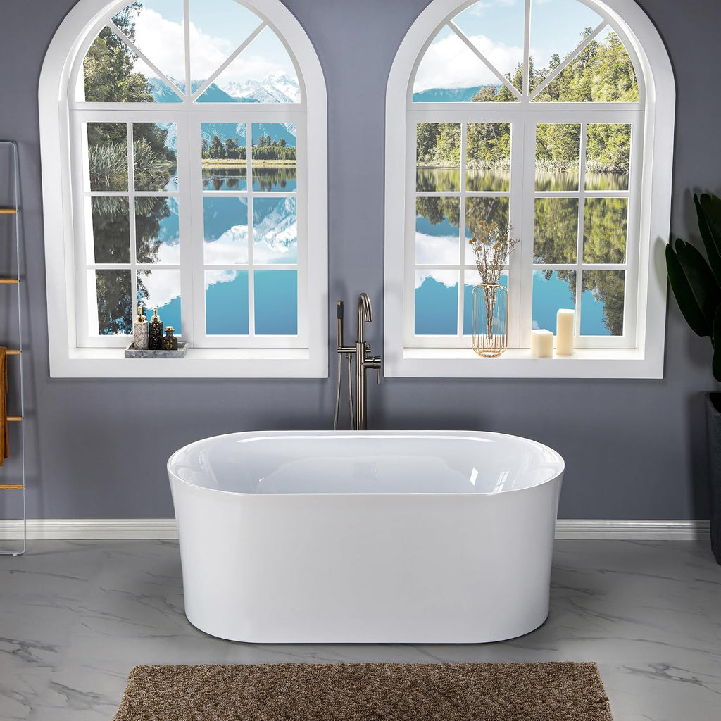WOODBRIDGE 59' Acrylic Freestanding Bathtub Contemporary Soaking Tub with Brushed Nickel Overflow and Drain,White Tub,B0058-BN