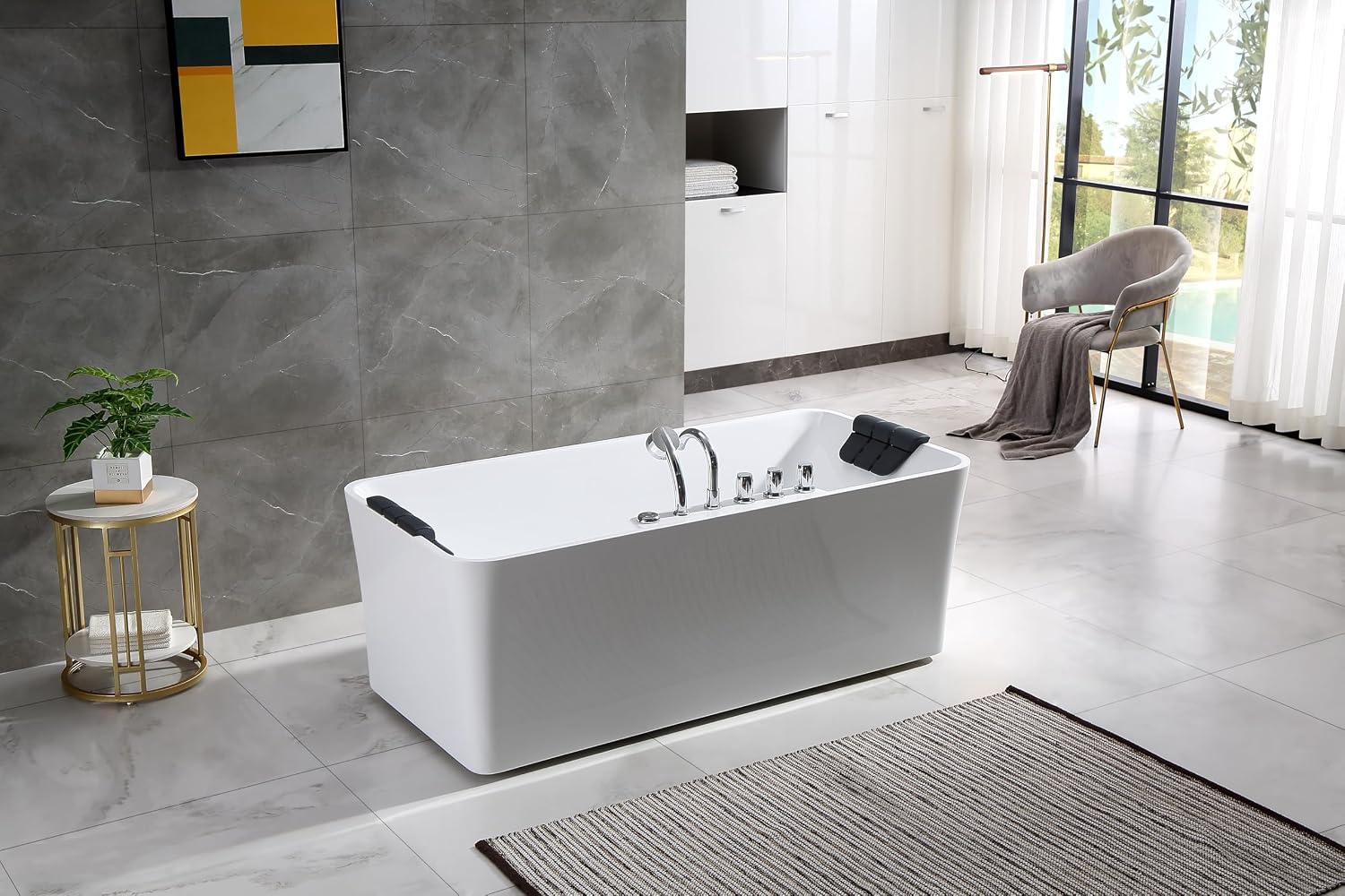 Empava 59' White Freestanding Rectangular Whirlpool Bathtub with 8 Adjustable Hydromassage Jets, ETL-Certified, 60-Gallon Capacity, Double-Ended Design & Two Pillows – Spacious for All Body Types