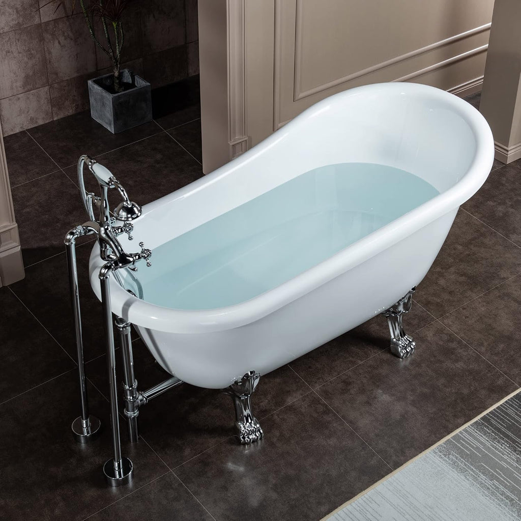 WOODBRIDGE 54' Heavy Duty Acrylic Slipper Clawfoot Bath Tub with Chrome Feet + Drain &Overflow +Chrome-Faucet