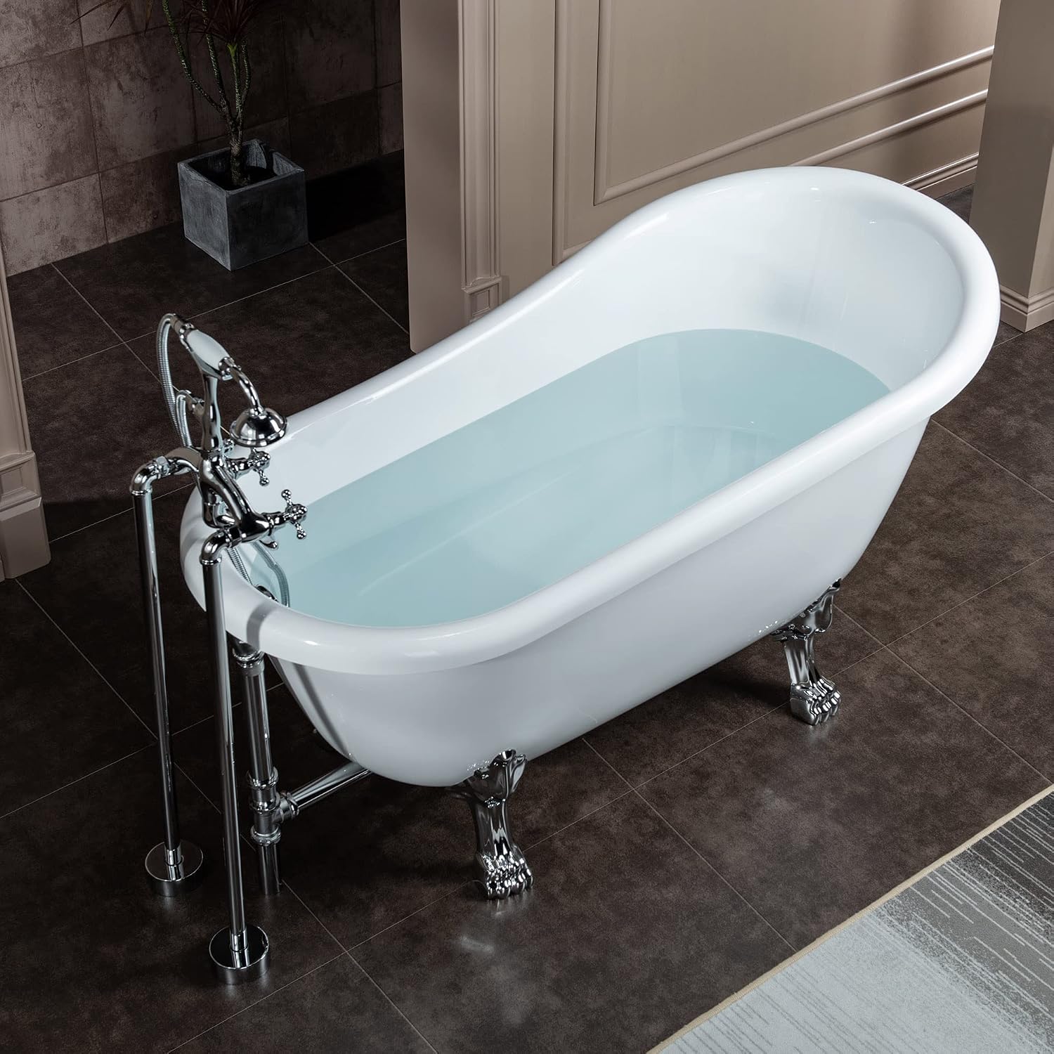 WOODBRIDGE 54' Heavy Duty Acrylic Slipper Clawfoot Bath Tub with Chrome Feet + Drain &Overflow +Chrome-Faucet