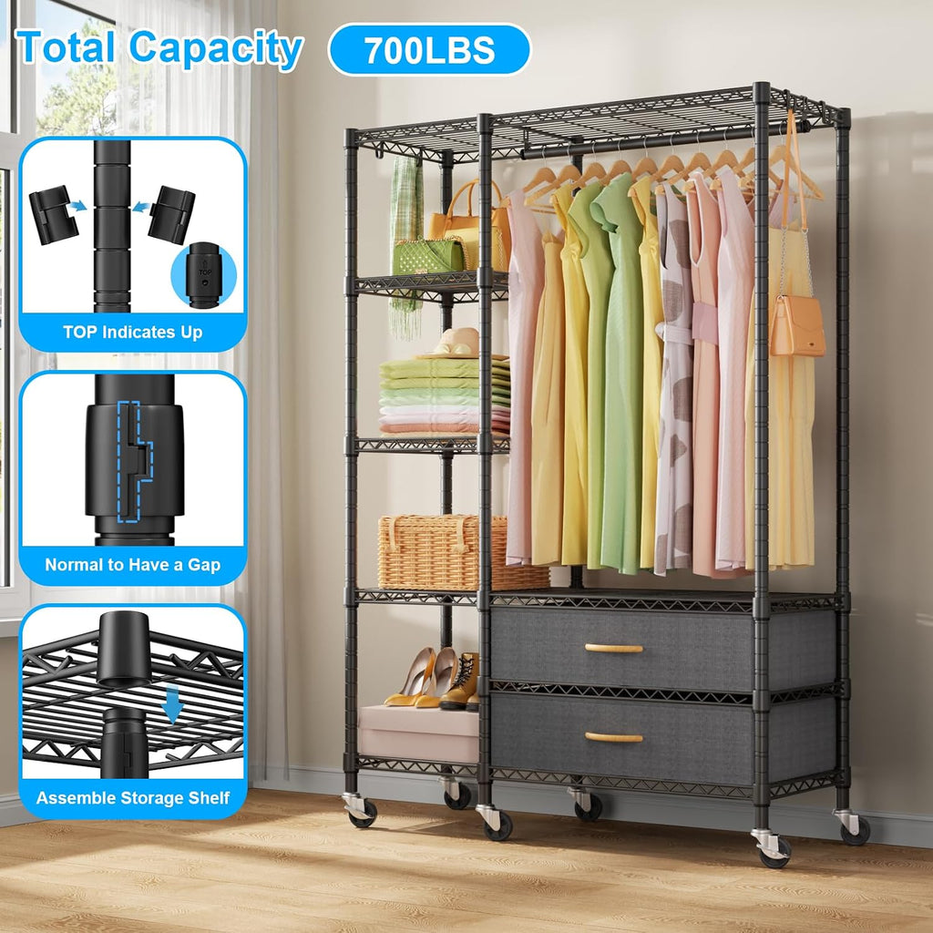 Ulif F3R Heavy Duty Clothes Rack（With Lockable Wheels）Freestanding Clothing Racks for Hanging Clothes，Adjustable Closet Organizer System，Portable Garment Rack 40'W x 15'D x 74'H，Max Load 700LBS，Black