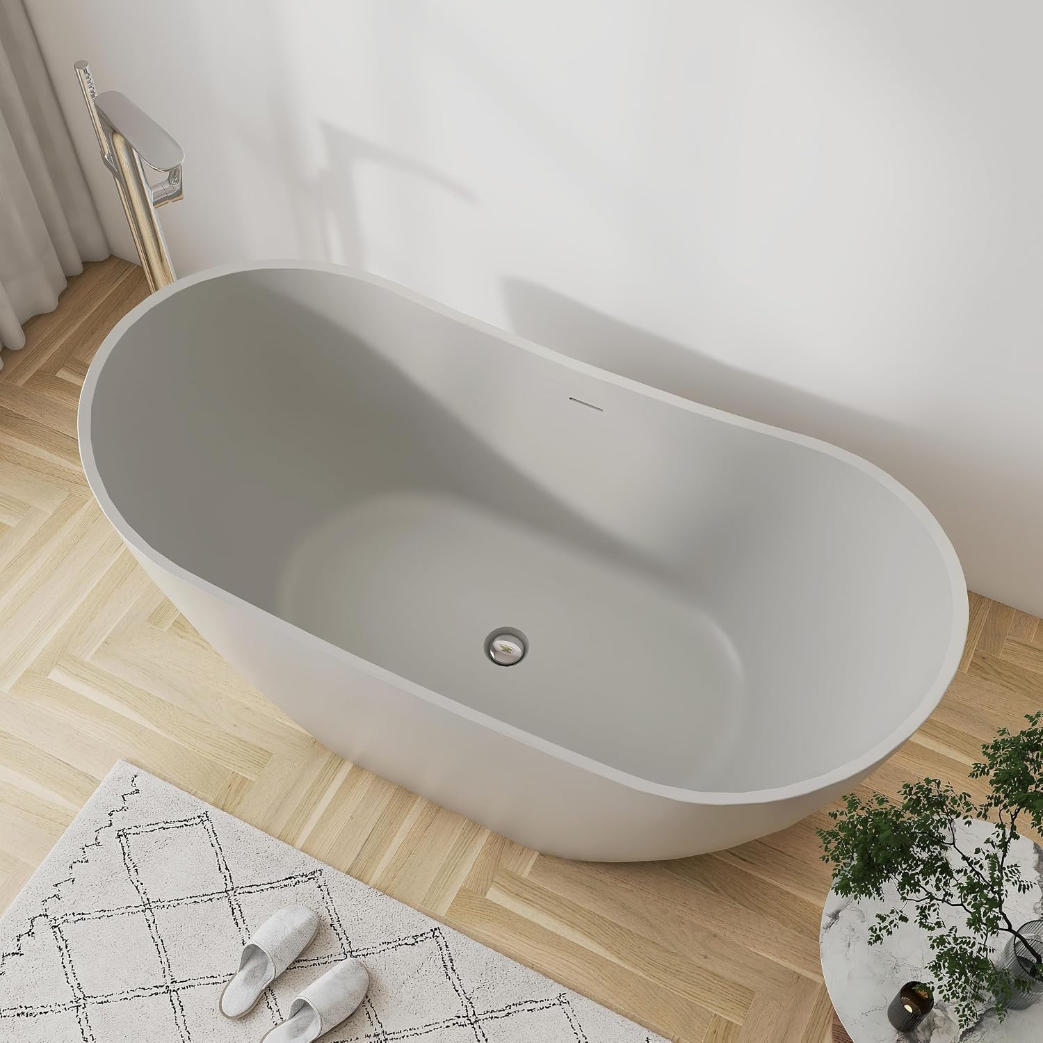 60'' Freestanding Khaki Acrylic Bathtub, Oval Soaking Tub
