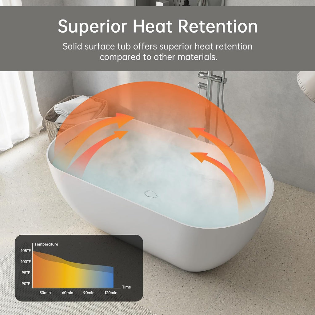 51' Stone Resin Freestanding Bathtub, Small Free Standing Tub, Solid Surface Bathroom Soaking Tub, Stand Alone Tubs with Integrated Slotted Overflow and Pop-up Drain, White 307-130