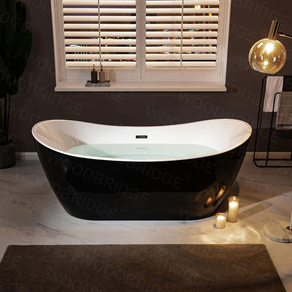 WOODBRIDGE 71' Acrylic Freestanding Bathtub Contemporary Soaking Black Tub with Matte Black Overflow and Drain,Black,B1817-MB